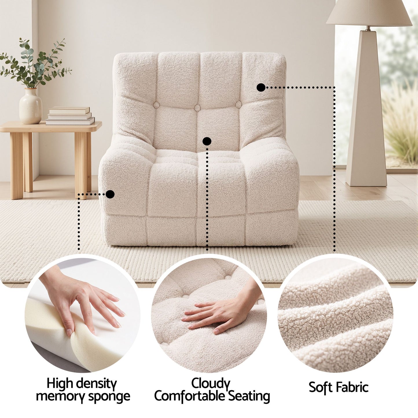 Artiss Single Boneless Fabric Sofa - White