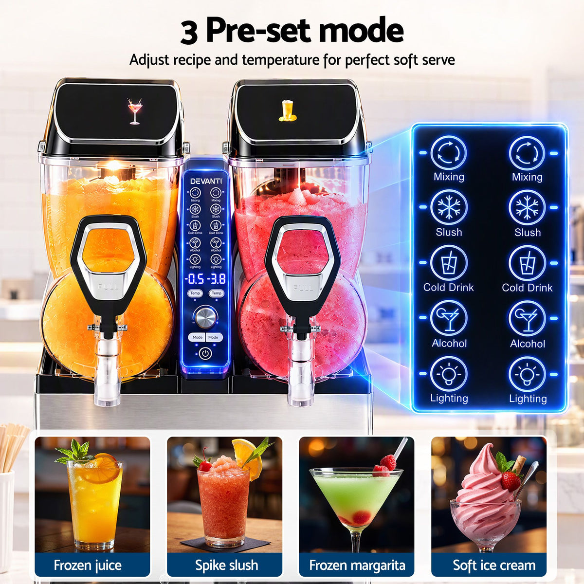Devanti Commercial Slushie Machine 15L x2 Frozen Drink Maker Dual Tank Silver