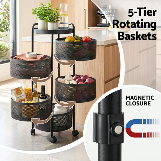 Artiss 5-Tier Kitchen Storage Trolley - Black