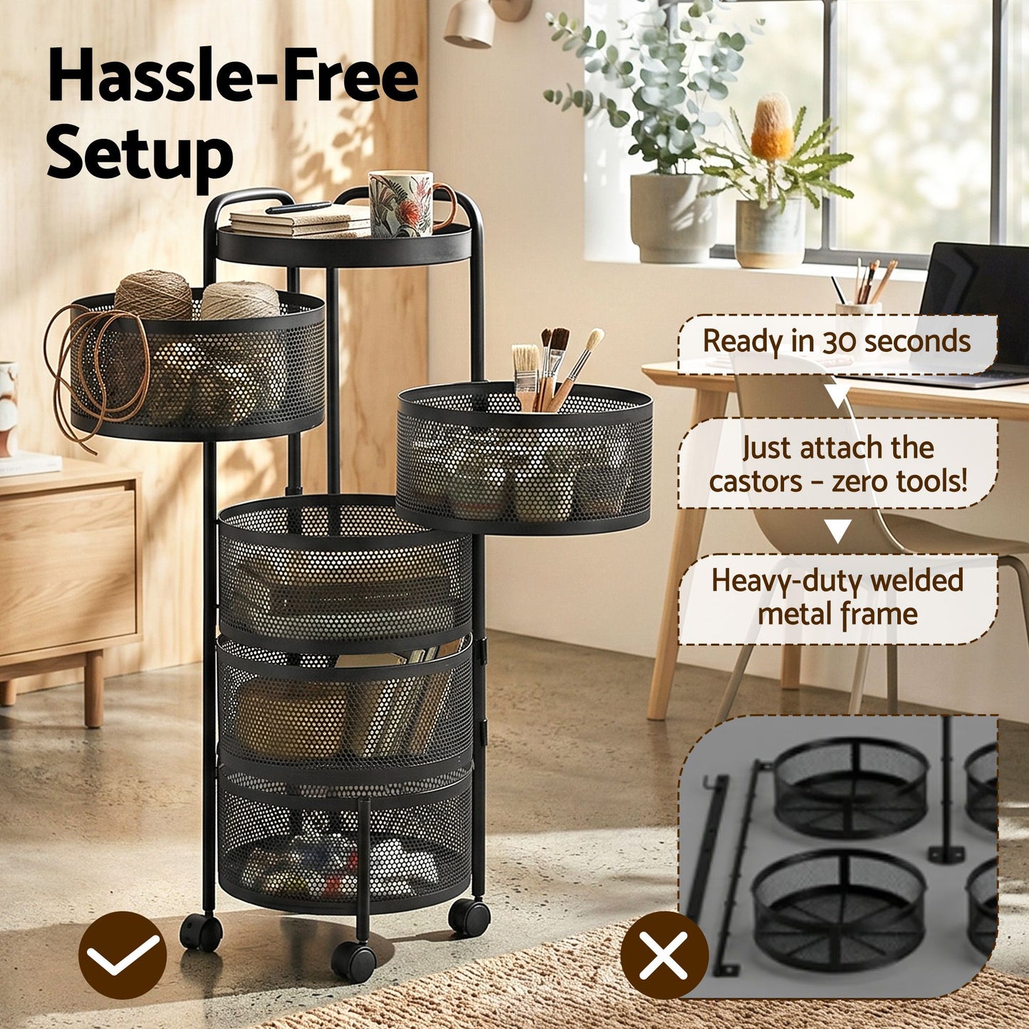 Artiss 5-Tier Kitchen Storage Trolley - Black