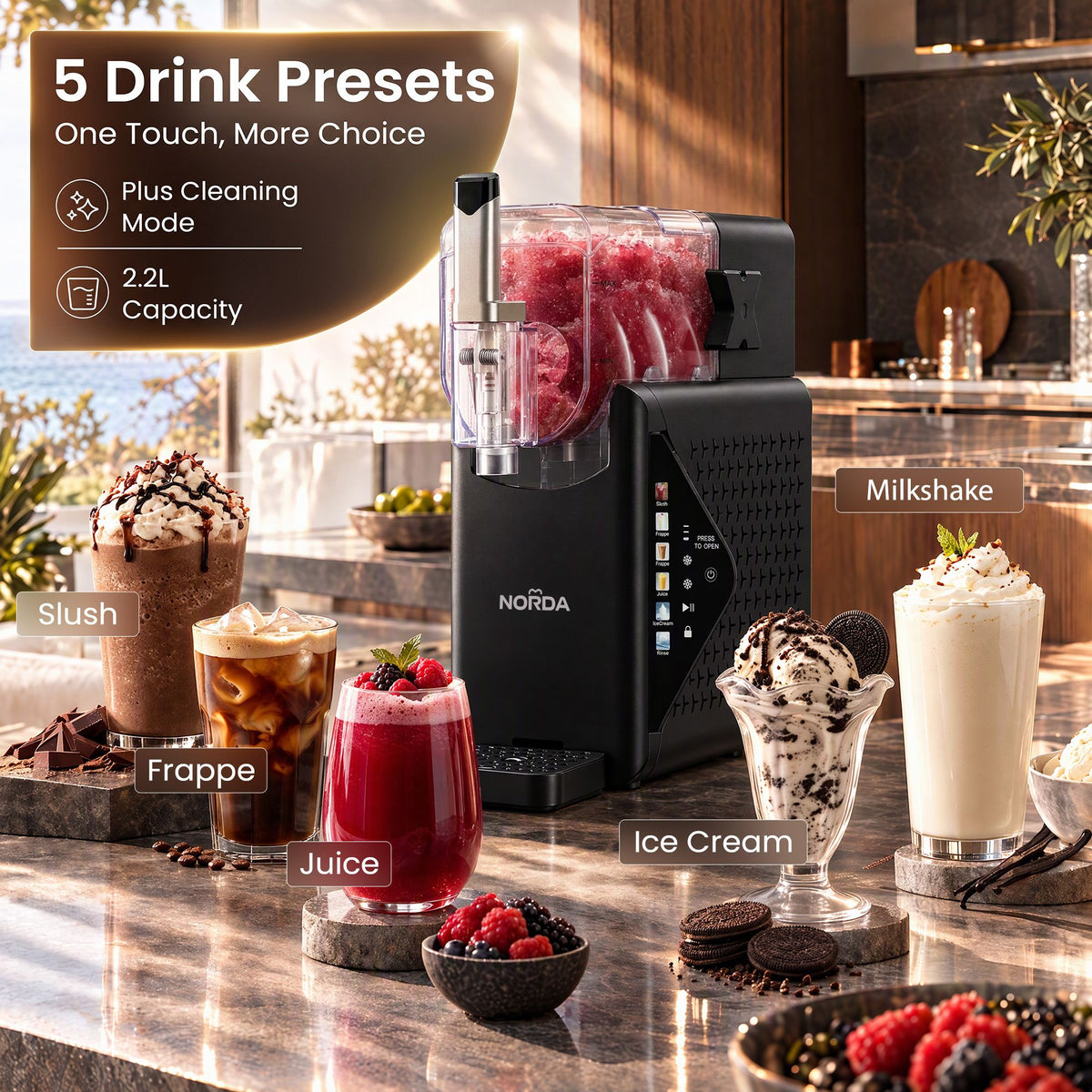 NORDA Slushie Machine 2.2L Frozen Drink Maker Ice Cream Maker Foldable Control Panel Black
