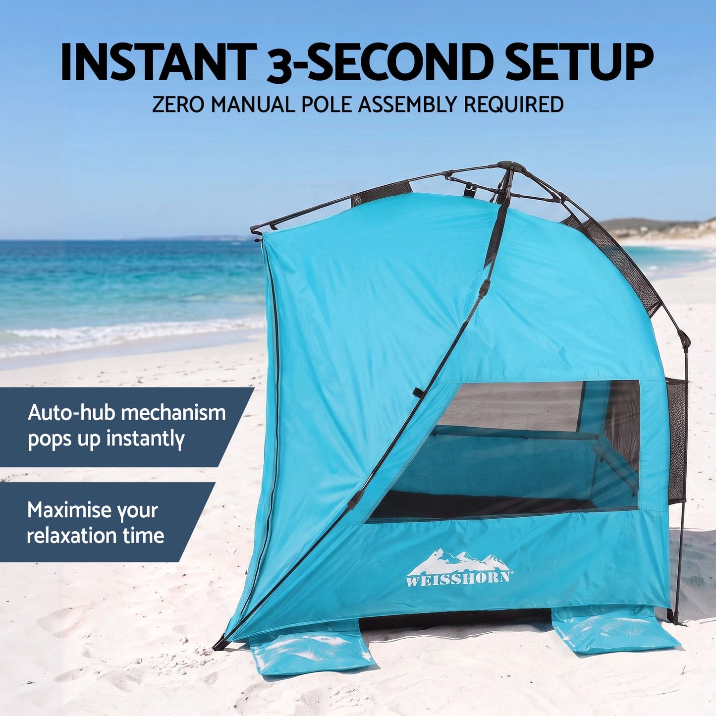 Weisshorn Beach Tent 3-4 Person Pop Up Sun Shade UPF 50 Automatic Outdoor Blue