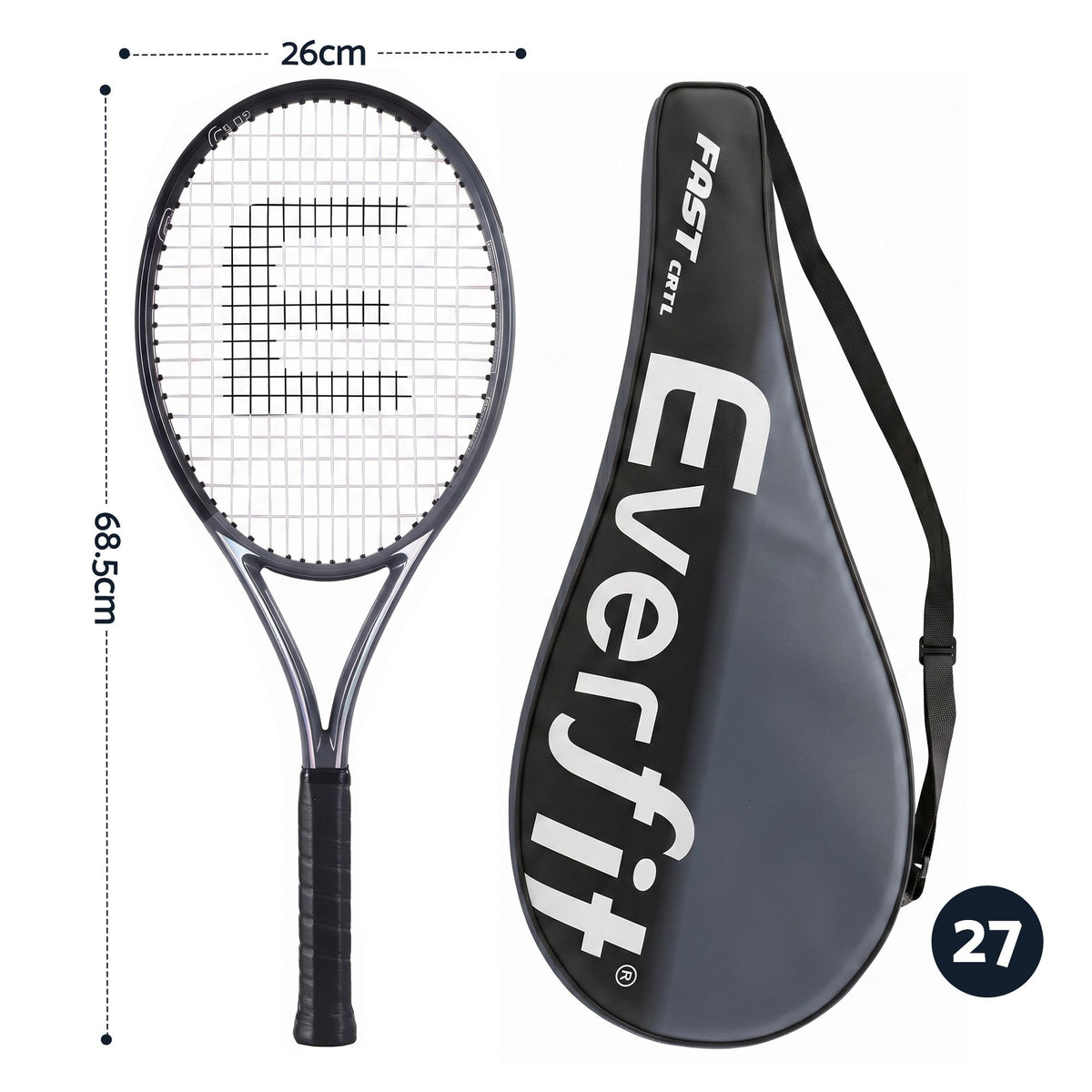 Everfit Tennis Racket Set 2 Pack 27 Inch Lightweight Cushioned Grip for Adults Black