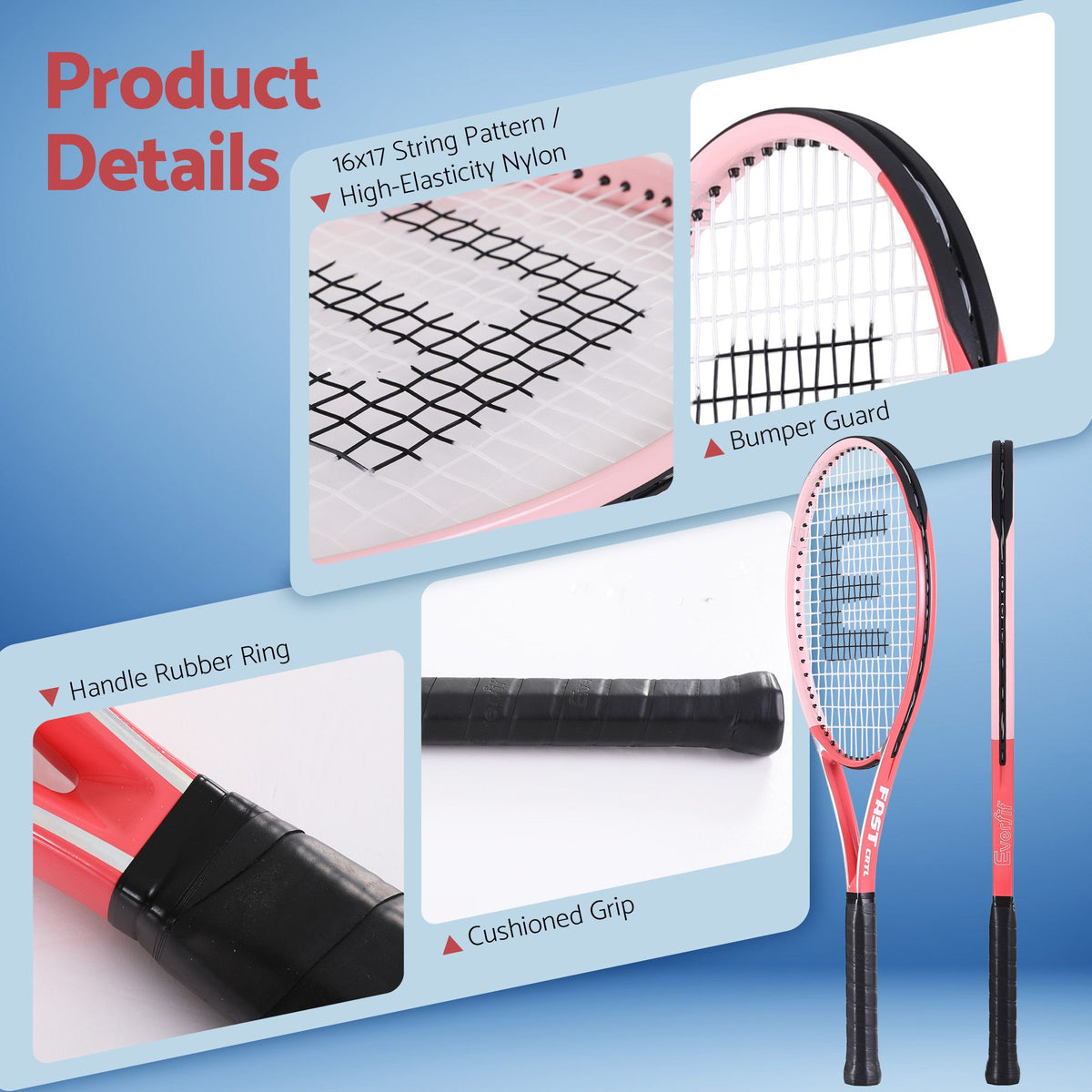 Everfit Tennis Racket Set 2 Pack 27 Inch Lightweight Cushioned Grip for Adults Pink