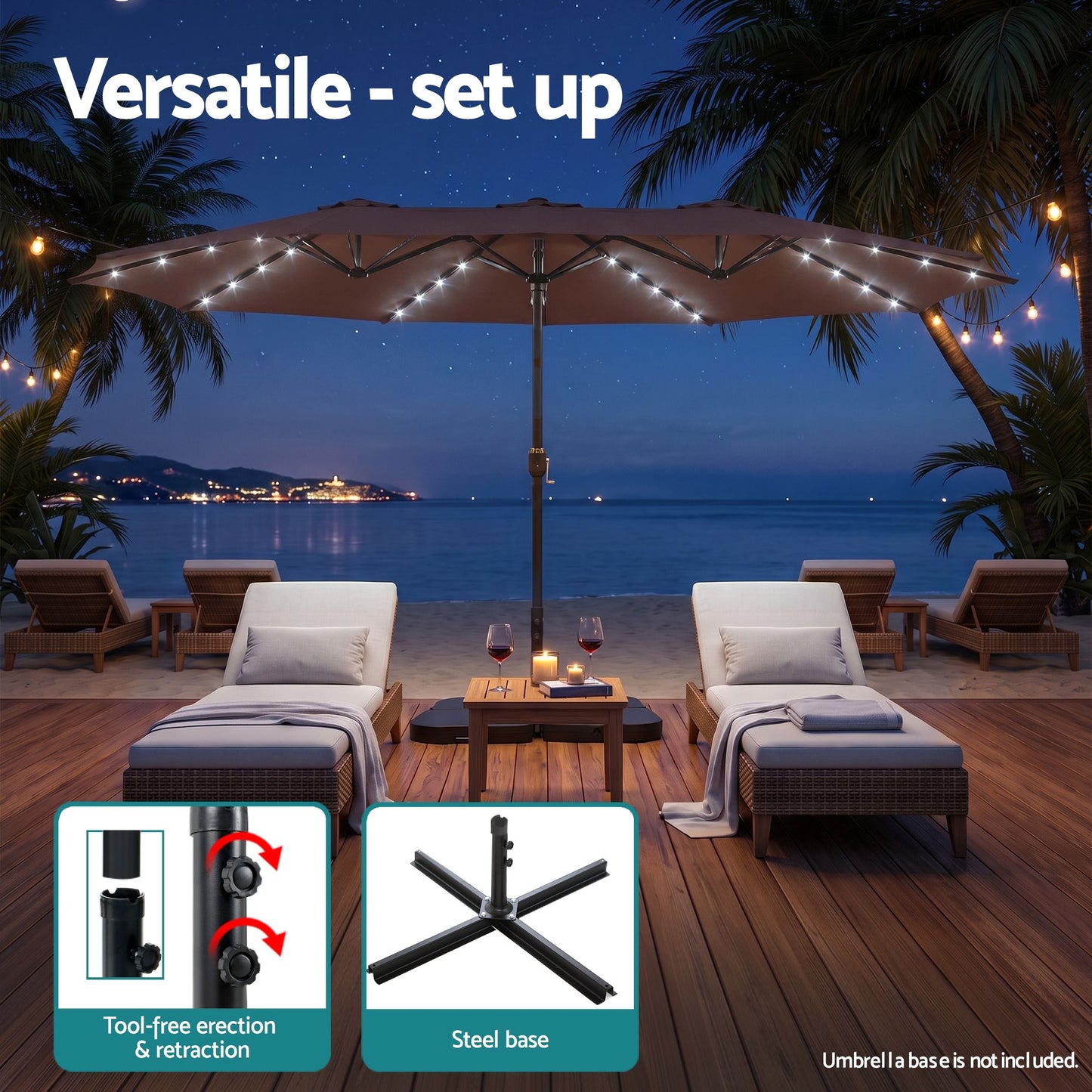 Instahut Outdoor Umbrella 4.57m Solar 48 LED Double-Sided Patio Parasol Brown