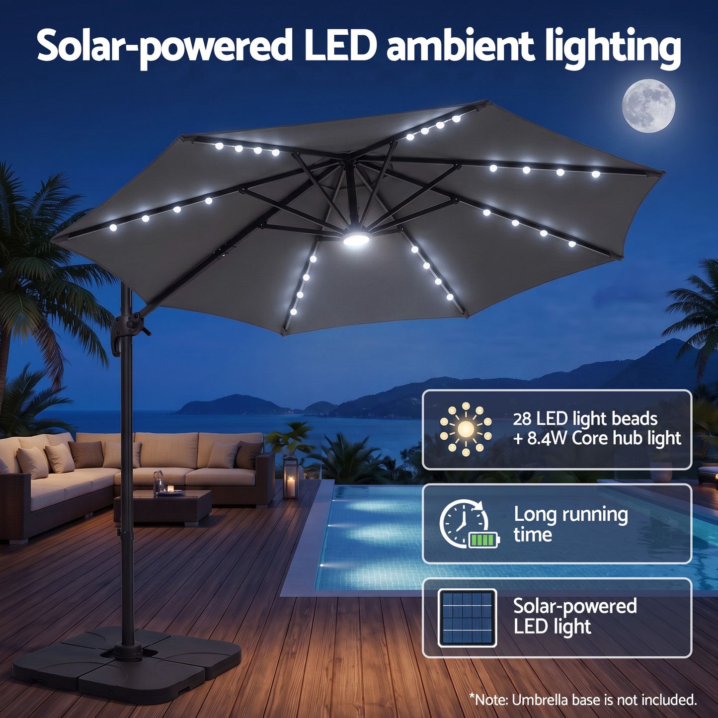 Instahut Outdoor Umbrella 3m Solar LED Offset Cantilever Patio Parasol Charcoal