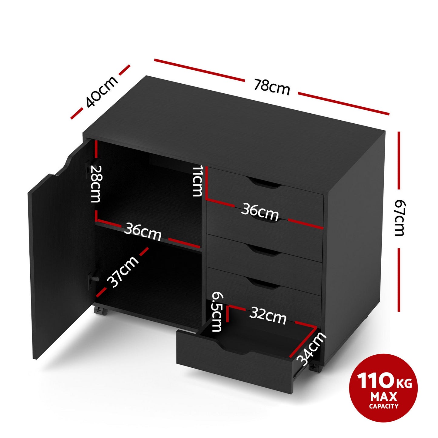Artiss Mobile Filing Cabinet - 5 Drawer
