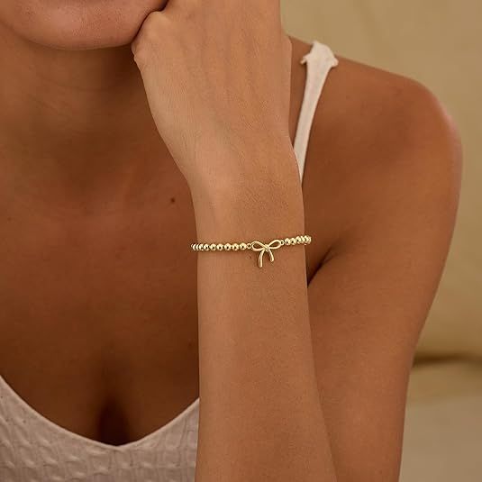 Women's Gold Bracelet 14K Gold Plated Beaded Bracelet Gold Stretch Beaded Bracelet Handmade Ball Bracelet Exquisite Gold Jewelry Gift
