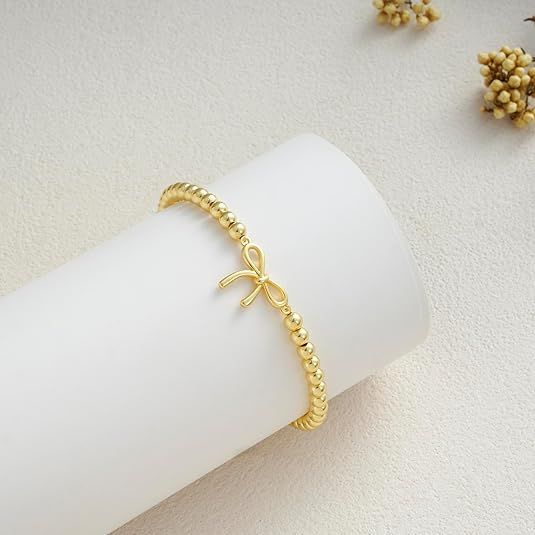 Women's Gold Bracelet 14K Gold Plated Beaded Bracelet Gold Stretch Beaded Bracelet Handmade Ball Bracelet Exquisite Gold Jewelry Gift