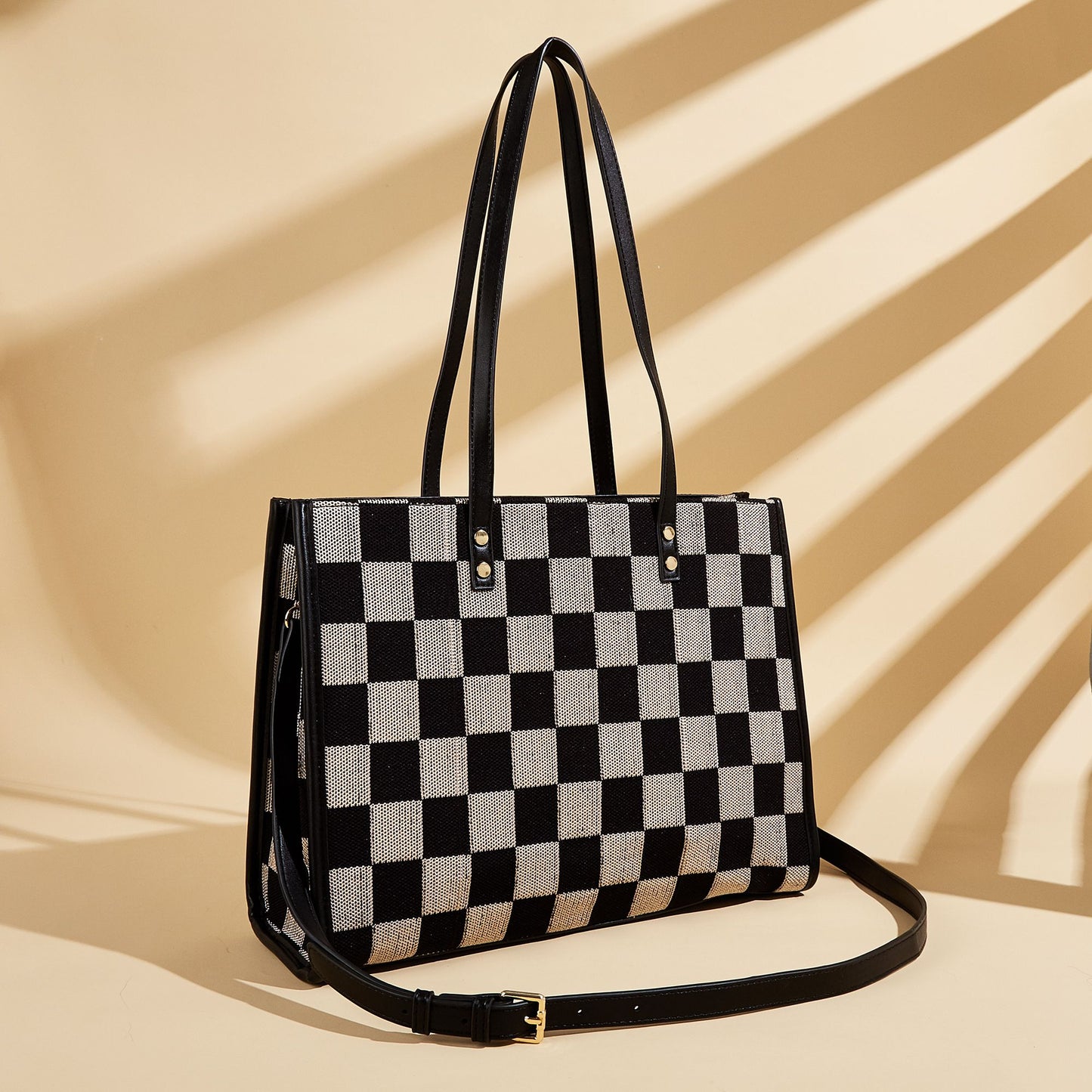 Stylish Black Khaki Checkerboard Tote Bag Large Capacity Women’s Shoulder Handbag for Work & Daily Use