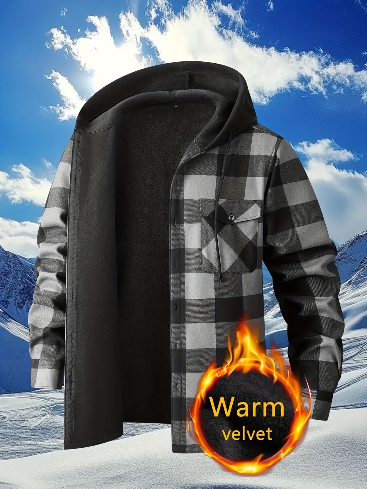 Plaid Hooded Jacket with Velvet Lining - Gray - Size 2XL(AU 2XL/EU54)
