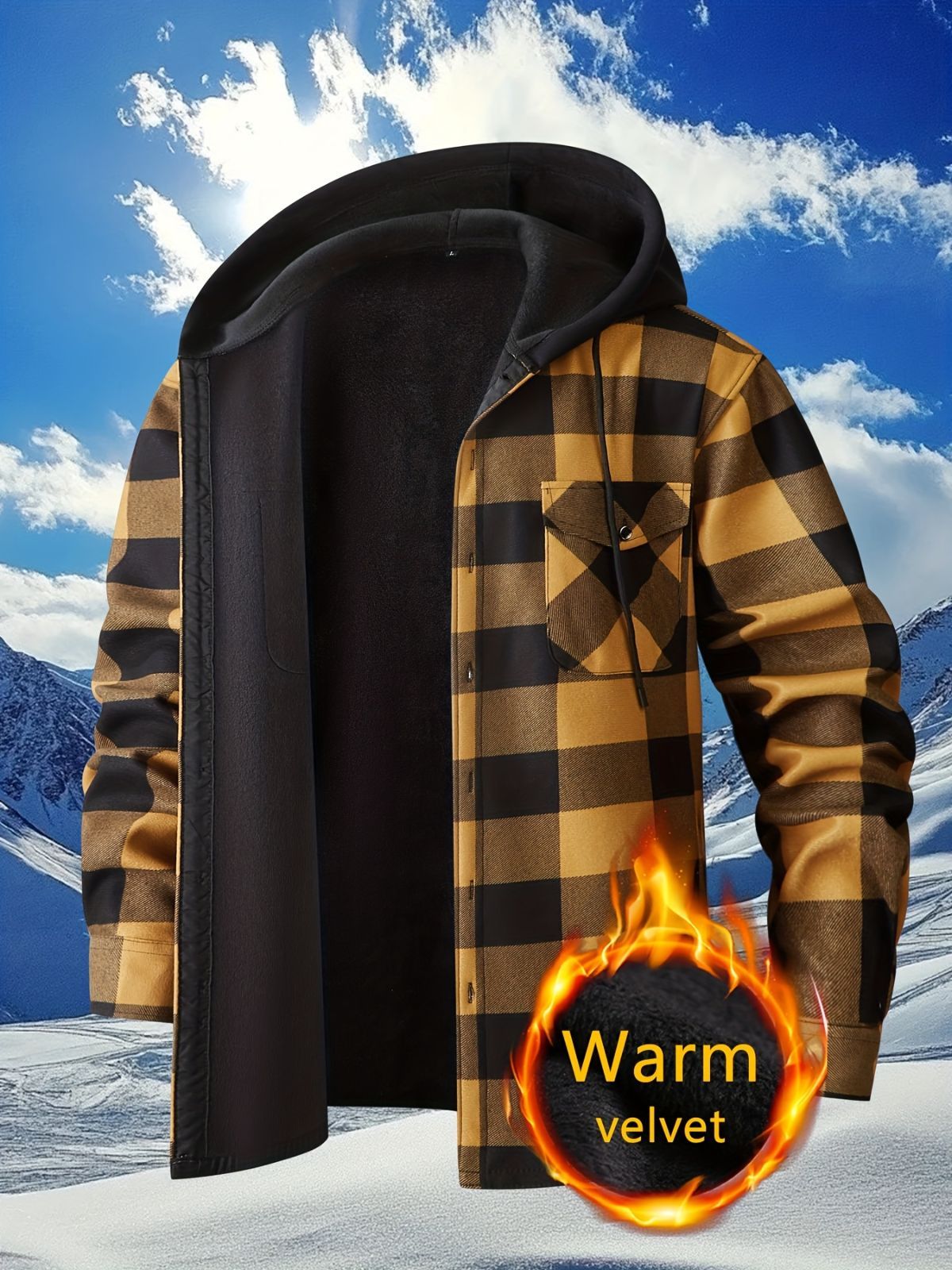 Plaid Hooded Jacket with Velvet Lining - Gray - Size 3XL(AU 3XL/EU56)