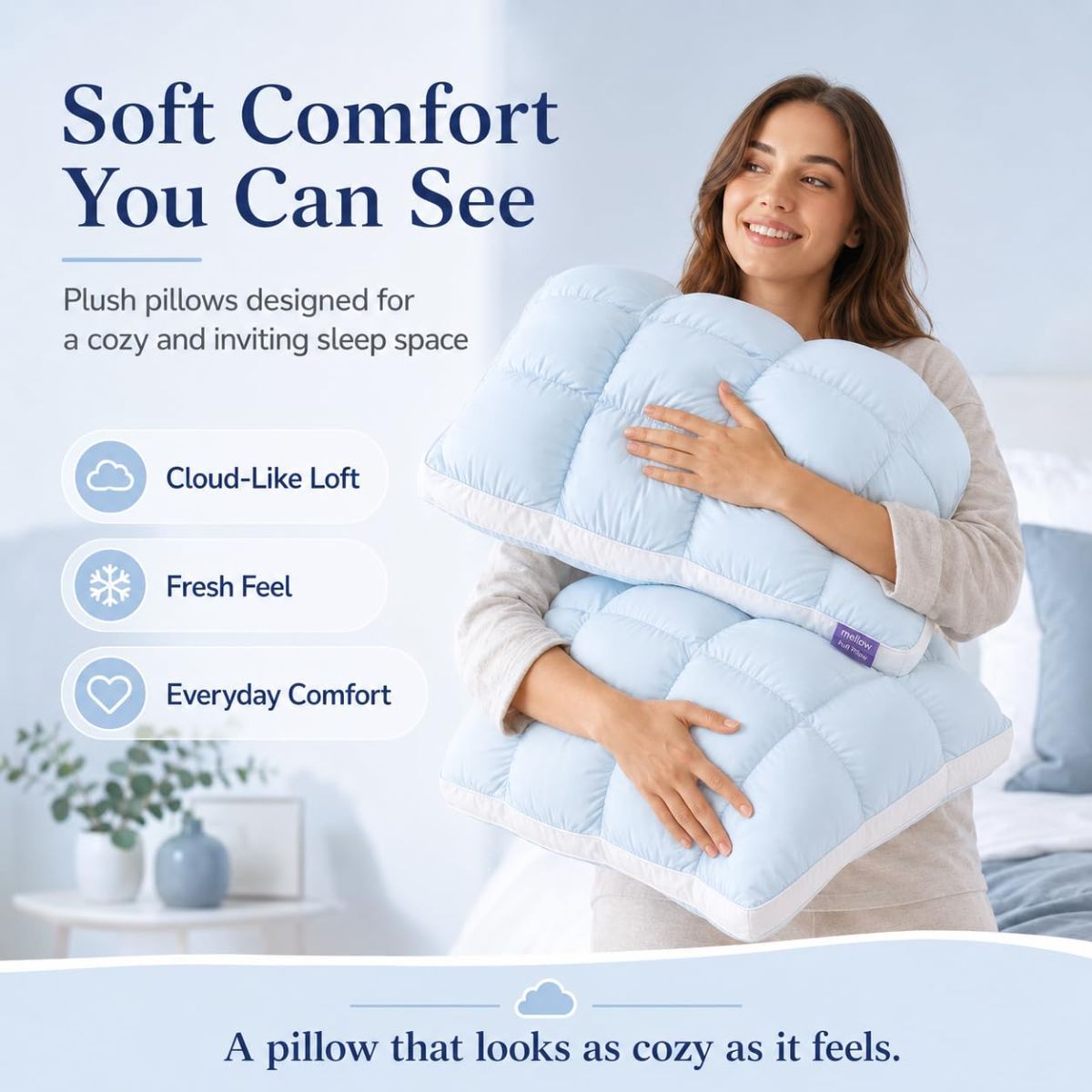 Mellow Puff Cooling Pillow for Sleeping, Fluffy Cloud Pillow with Ice-Silk Touch, Breathable Quilted Grid Design, for Side and Back Sleepers, Machine Washable - Pink - Size 26in*20in