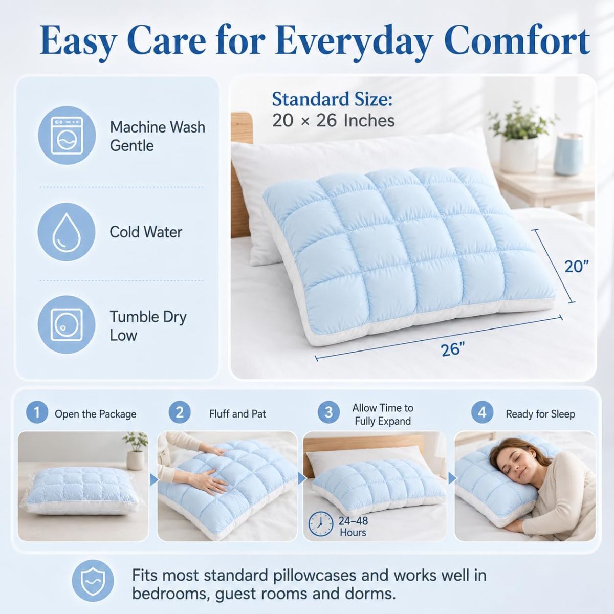 Mellow Puff Cooling Pillow for Sleeping, Fluffy Cloud Pillow with Ice-Silk Touch, Breathable Quilted Grid Design, for Side and Back Sleepers, Machine Washable - Pink - Size 26in*20in