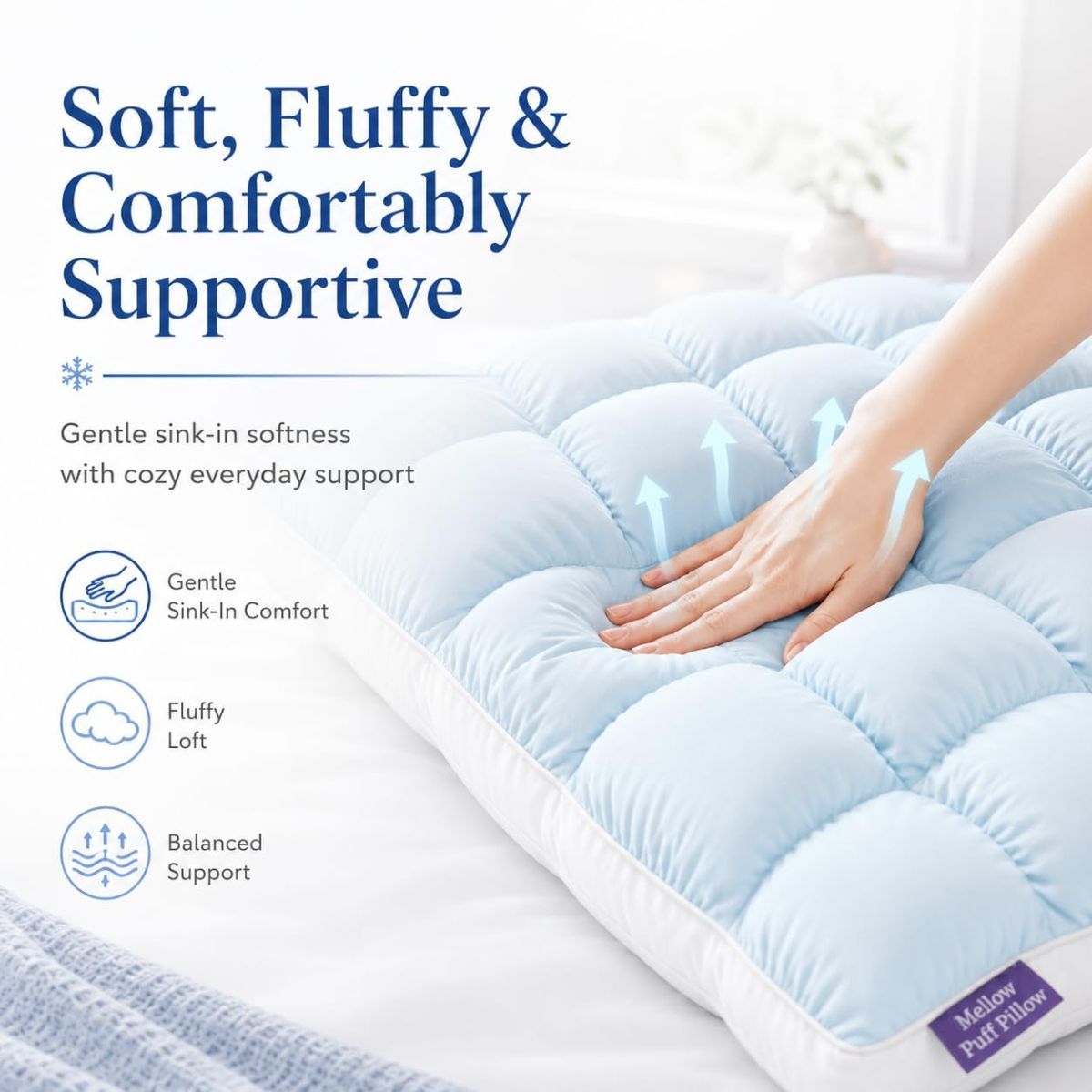 Mellow Puff Cooling Pillow for Sleeping, Fluffy Cloud Pillow with Ice-Silk Touch, Breathable Quilted Grid Design, for Side and Back Sleepers, Machine Washable - White - Size 26in*20in