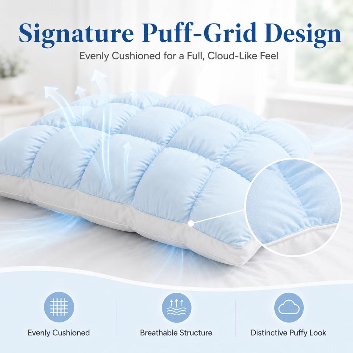 Mellow Puff Cooling Pillow for Sleeping, Fluffy Cloud Pillow with Ice-Silk Touch, Breathable Quilted Grid Design, for Side and Back Sleepers, Machine Washable - White - Size 26in*20in