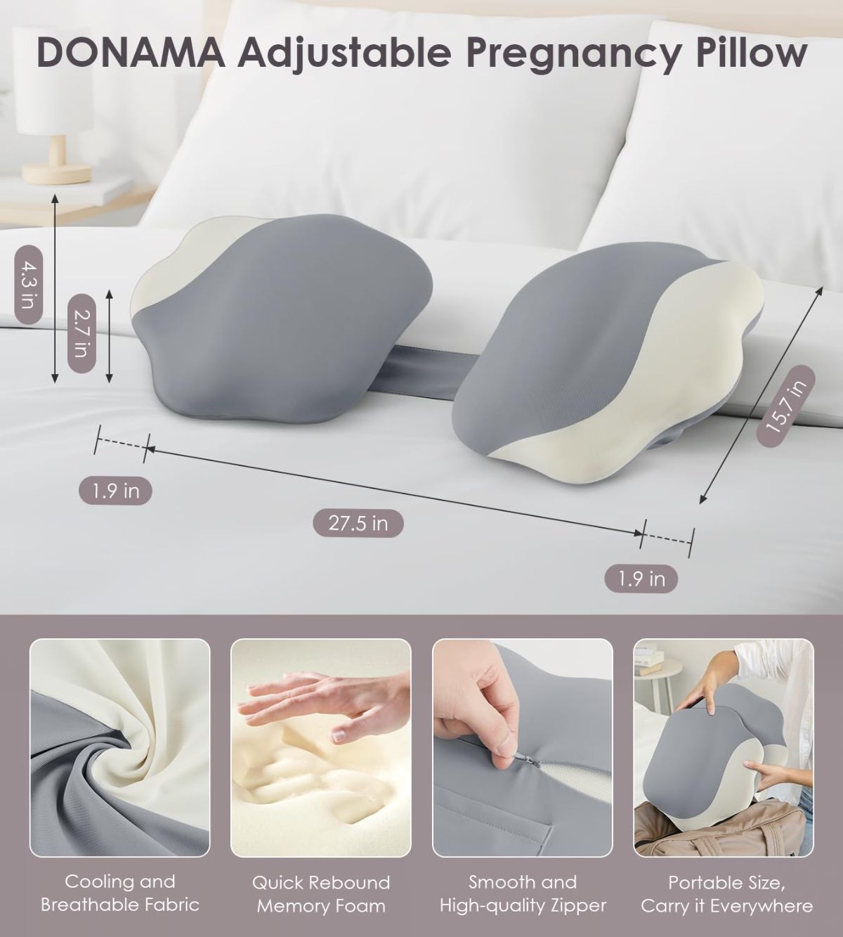 Pregnancy Pillows for Sleeping, Memory Foam Maternity Pillow Support for Back Belly HIPS, Adjustable Travel Wedge Pillow for Pregnant Women, Side Sleeping Pregnant Pillows with Cooling Pillowcase - Pink - Size 27.5in*15.7in