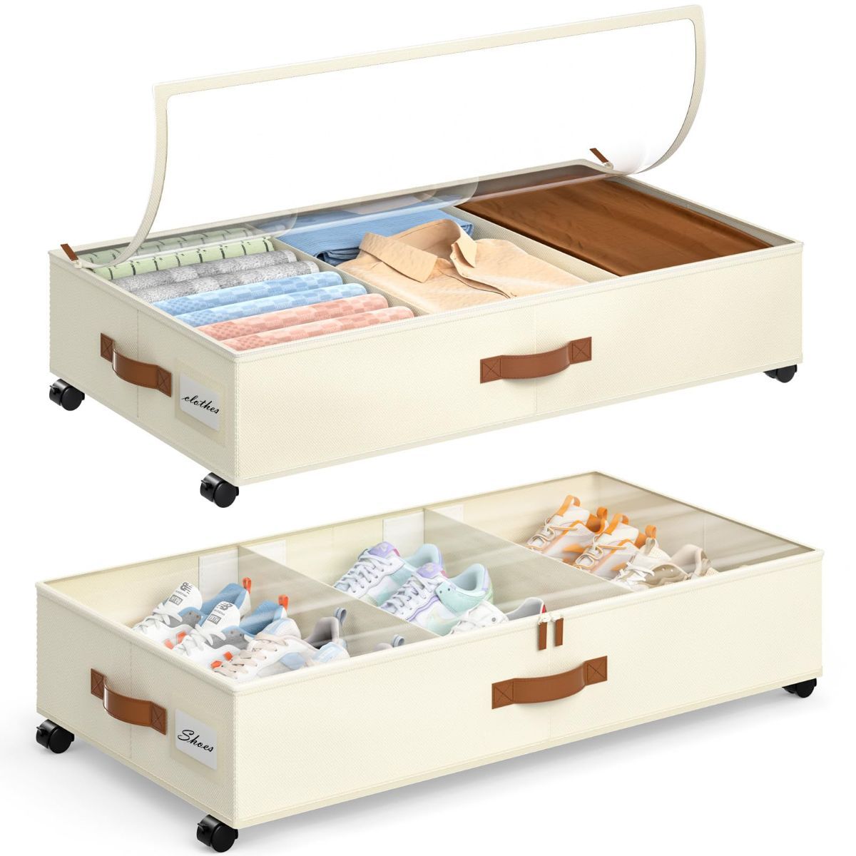 2-Pack Under Bed Storage Boxes with Wheels - Beige