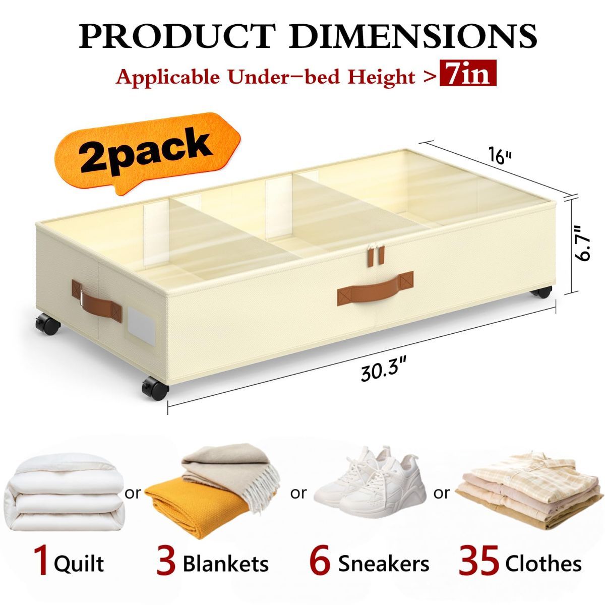 2-Pack Under Bed Storage Boxes with Wheels - Beige
