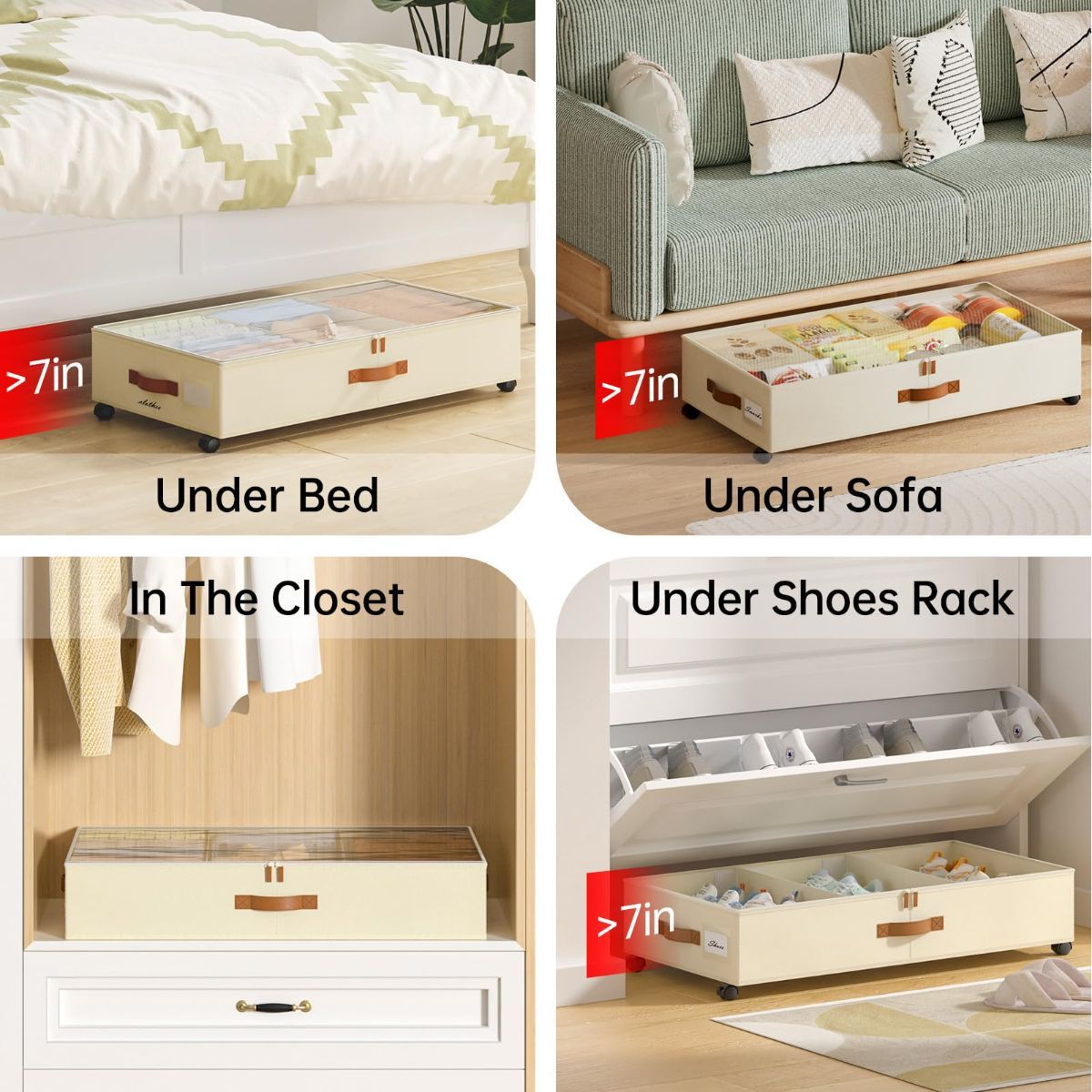 2-Pack Under Bed Storage Boxes with Wheels - Beige