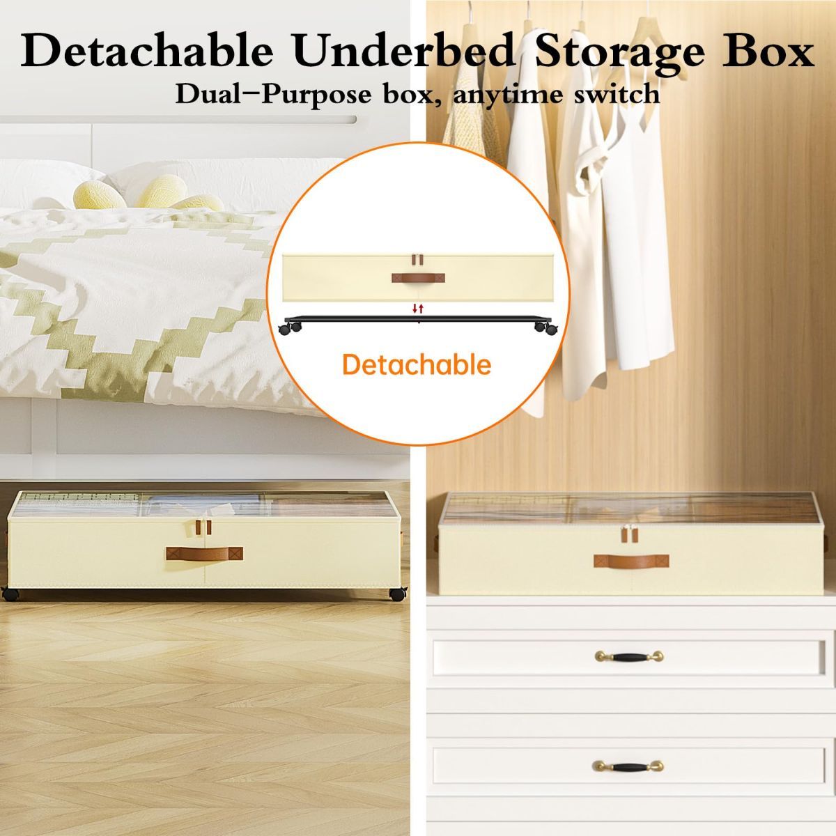 2-Pack Under Bed Storage Boxes with Wheels - Beige