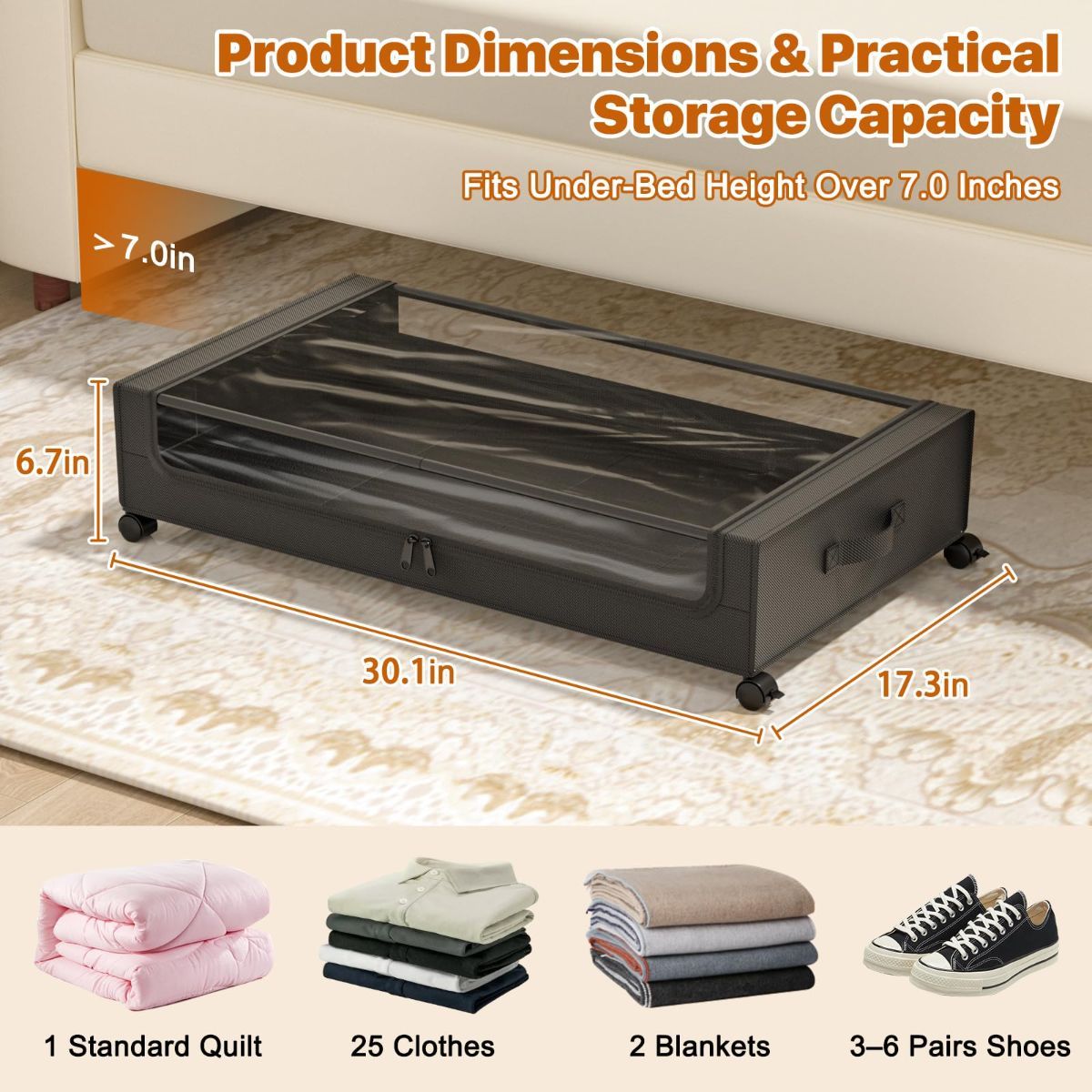 XXL Under Bed Storage Box with Wheels - 60L - Grey