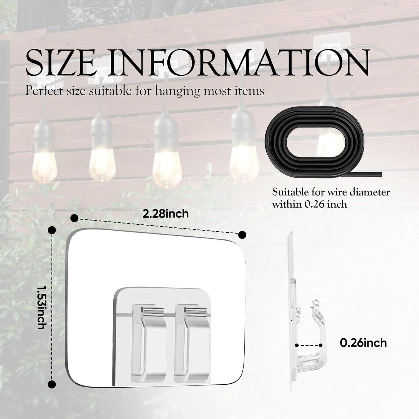 100PCS Heavy Duty Clear Adhesive Hooks for Outdoor String Lights, Cable Management Clips, Waterproof & UV-Resistant Wire Organizer for Holiday Decor (Transparent)