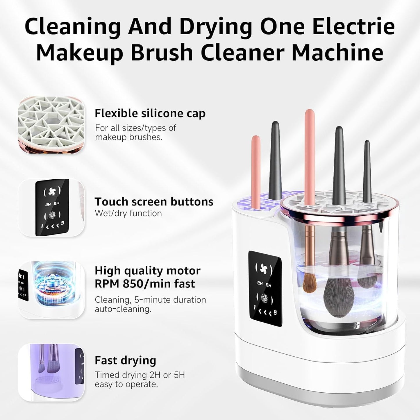 3-in-1 Electric Makeup Brush Cleaner & Dryer – Touchscreen Control, UV Sanitizing, 5-Min Auto Clean, 2H/5H Drying Modes, Fits All Brush Sizes, Rose-Gold Trim, USB-C Powered, No Batteries Needed (White)
