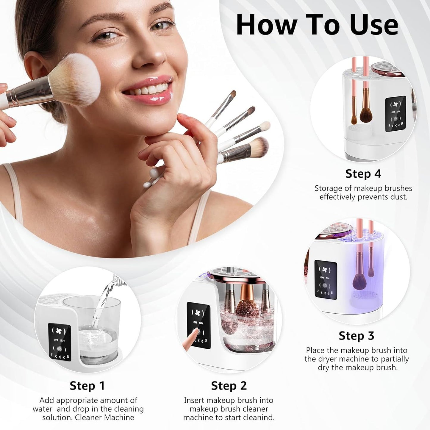 3-in-1 Electric Makeup Brush Cleaner & Dryer – Touchscreen Control, UV Sanitizing, 5-Min Auto Clean, 2H/5H Drying Modes, Fits All Brush Sizes, Rose-Gold Trim, USB-C Powered, No Batteries Needed (White)