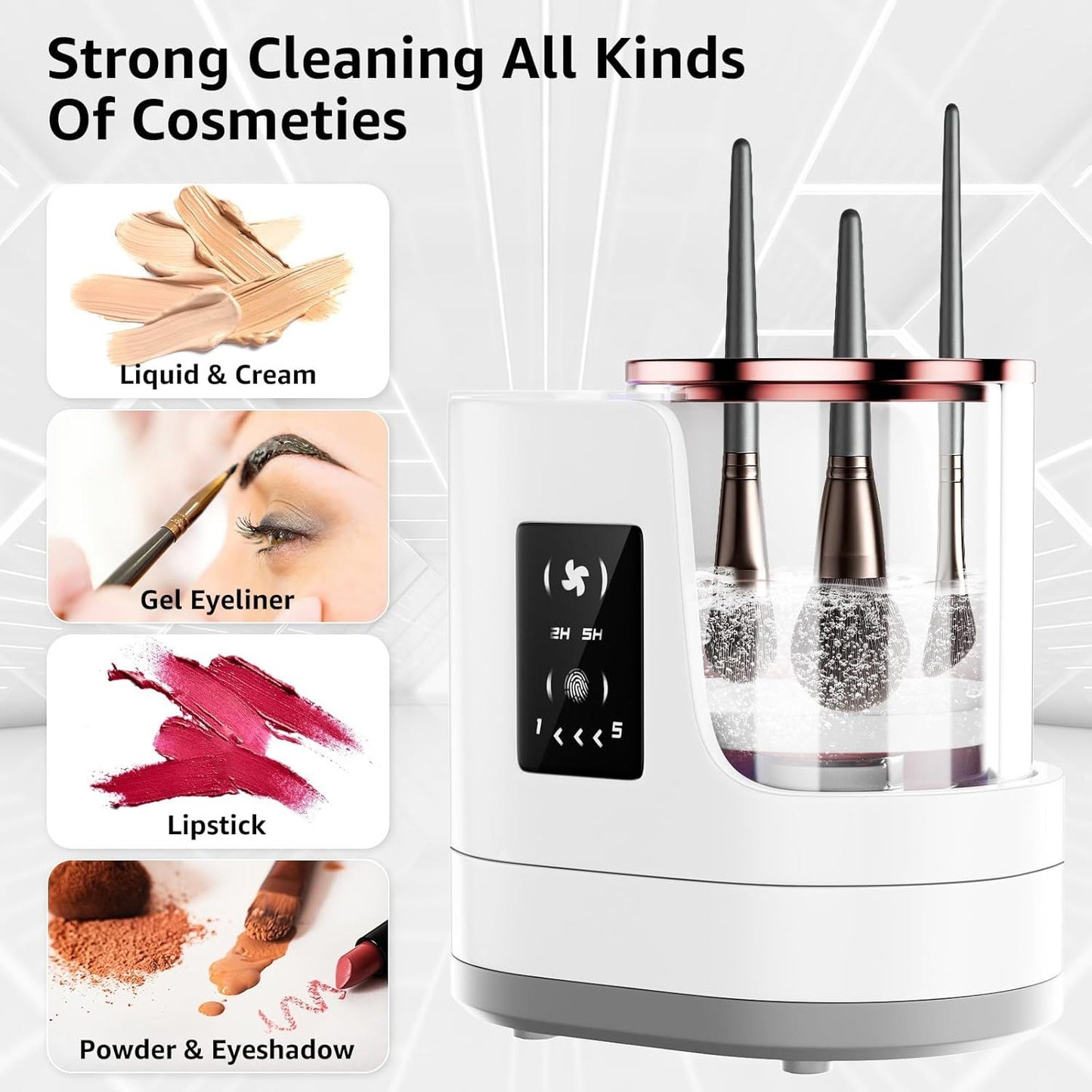 3-in-1 Electric Makeup Brush Cleaner & Dryer – Touchscreen Control, UV Sanitizing, 5-Min Auto Clean, 2H/5H Drying Modes, Fits All Brush Sizes, Rose-Gold Trim, USB-C Powered, No Batteries Needed (White)