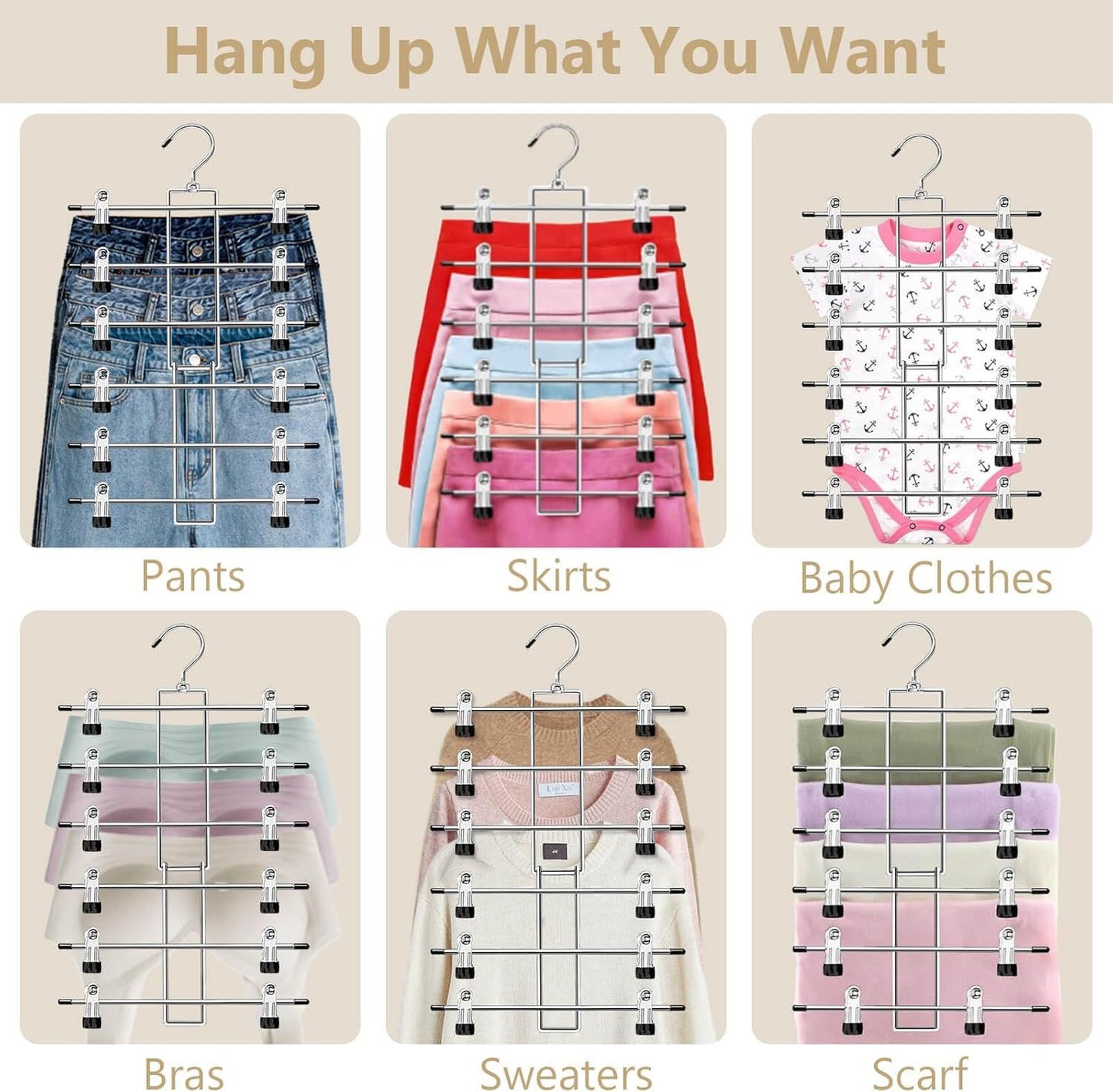 6-Tier Metal Clothing Organizer Hanger with 12 Adjustable Clips, 360° Swivel Hook, Foldable Design, and Rubber-Tipped Grips for Pants, Skirts, Bras, Sweaters, and Scarves—Space-Efficient Closet Solution (1pack)