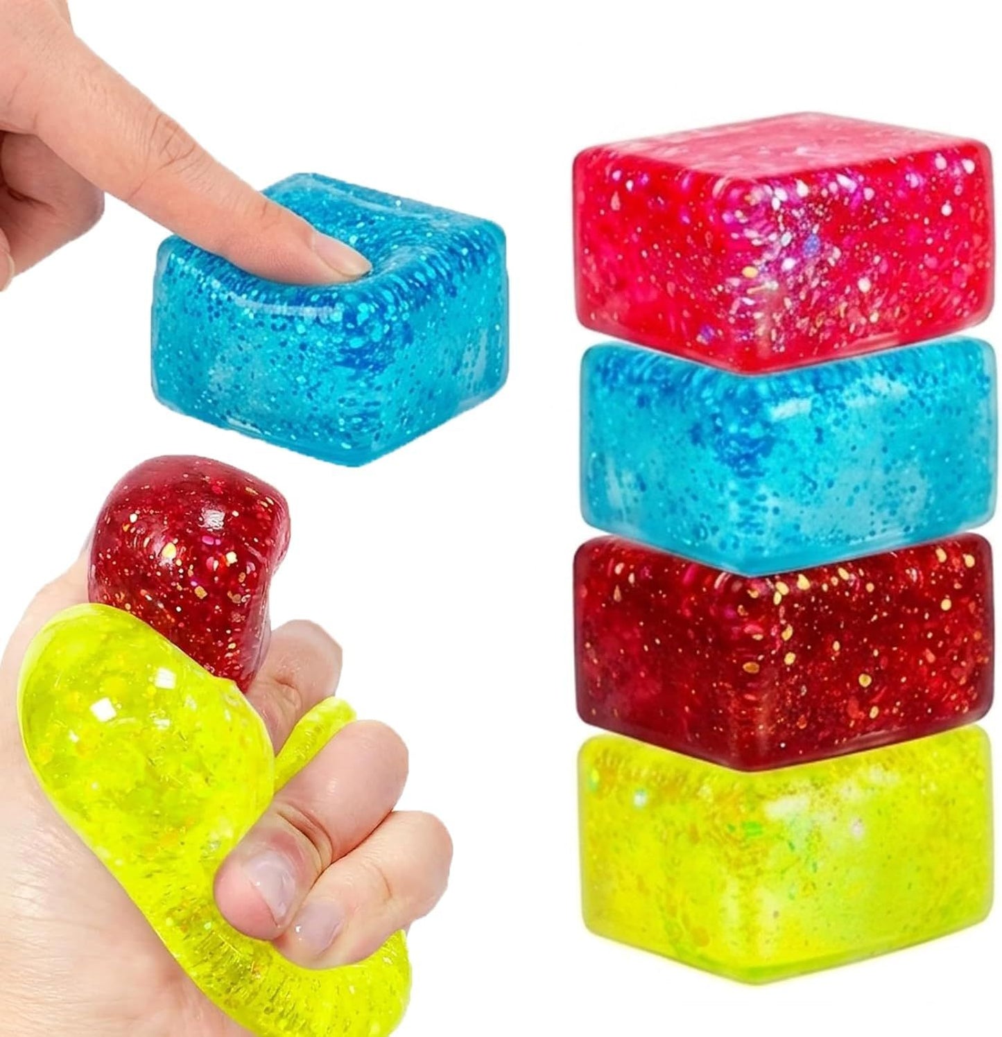 4 PCS Glitter Ice Cube Squishy Toy for Office & Classroom – Slow Rising Stress Reliever to Calm Anxiety (Multicolor)