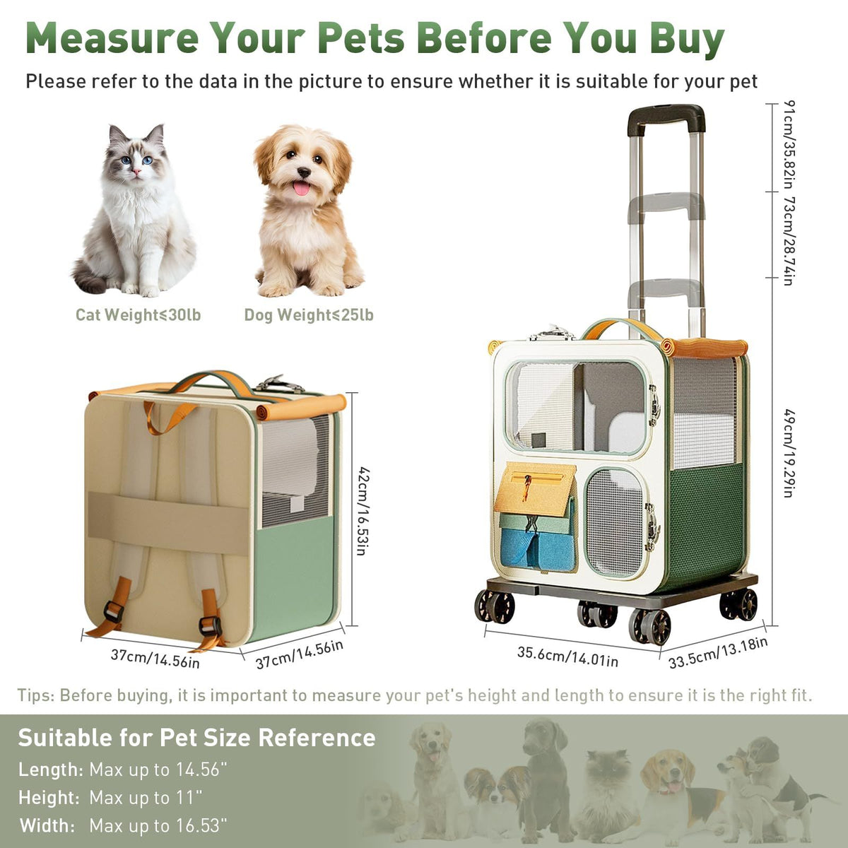 Cat Carrier with Wheels, Folding Rolling Pets Carrier on Wheel Soft Pet Handbag Cats Backpack, Dog Carriers up to 23 LBs Removable Cat Bag for Small Dogs Medium Cats Outing(Brown)