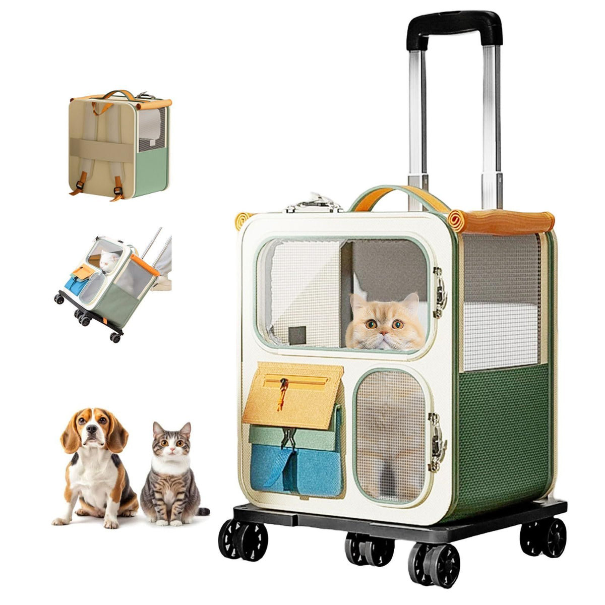 Cat Carrier with Wheels, Folding Rolling Pets Carrier on Wheel Soft Pet Handbag Cats Backpack, Dog Carriers up to 23 LBs Removable Cat Bag for Small Dogs Medium Cats Outing(Brown)