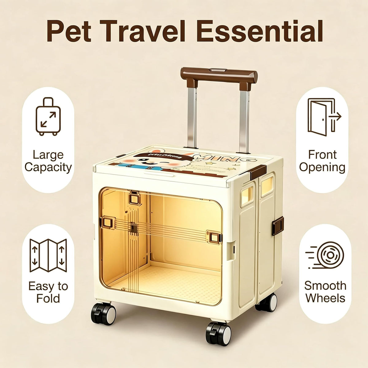 Foldable Sliding crates, Large-Capacity suitcases, Airplane Wheel Handbags, pet Boxes, Groceries and Outdoor Utility trolleys, Compact and Foldable Design, 14.37*12.20*14.96in (beige)