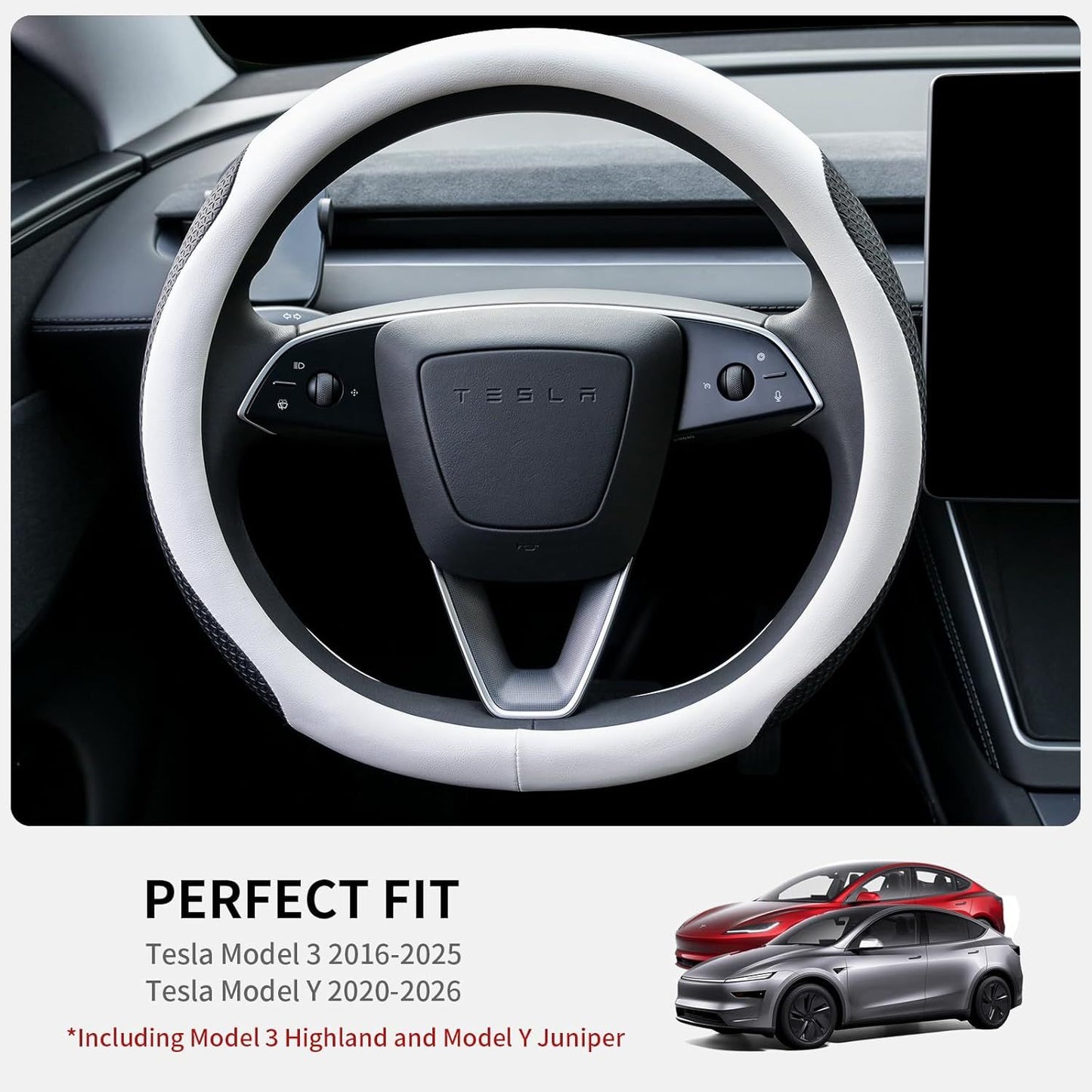 Premium Nappa-Style Steering Wheel Cover for Tesla Model 3 (2016–2025) and Model Y (2020–2026), Two-Tone White & Black, Silicone-Lined, Anti-Slip Grip Zones, Easy Install (White)
