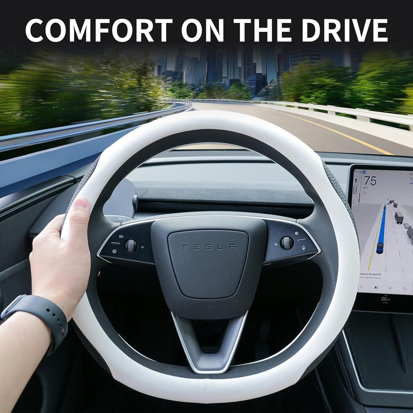 Premium Nappa-Style Steering Wheel Cover for Tesla Model 3 (2016–2025) and Model Y (2020–2026), Two-Tone White & Black, Silicone-Lined, Anti-Slip Grip Zones, Easy Install (White)