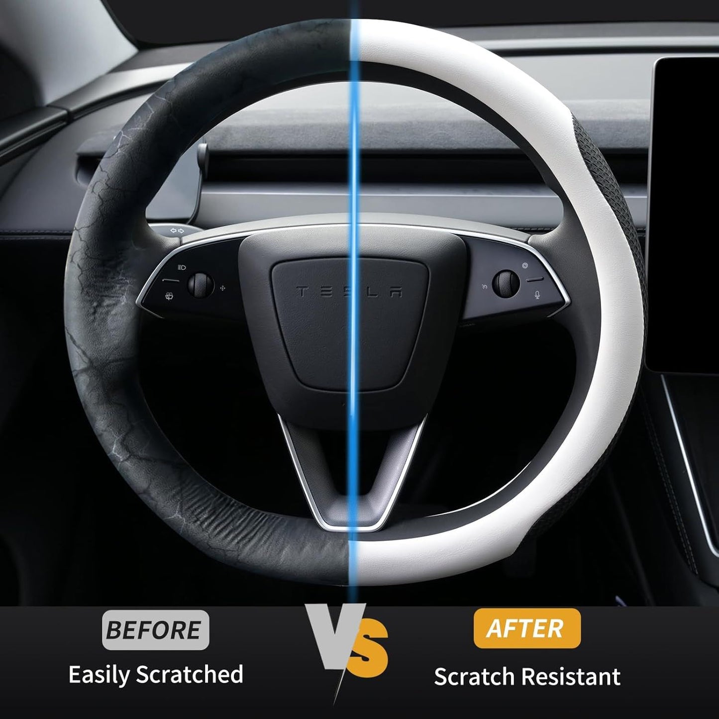 Premium Nappa-Style Steering Wheel Cover for Tesla Model 3 (2016–2025) and Model Y (2020–2026), Two-Tone White & Black, Silicone-Lined, Anti-Slip Grip Zones, Easy Install (White)