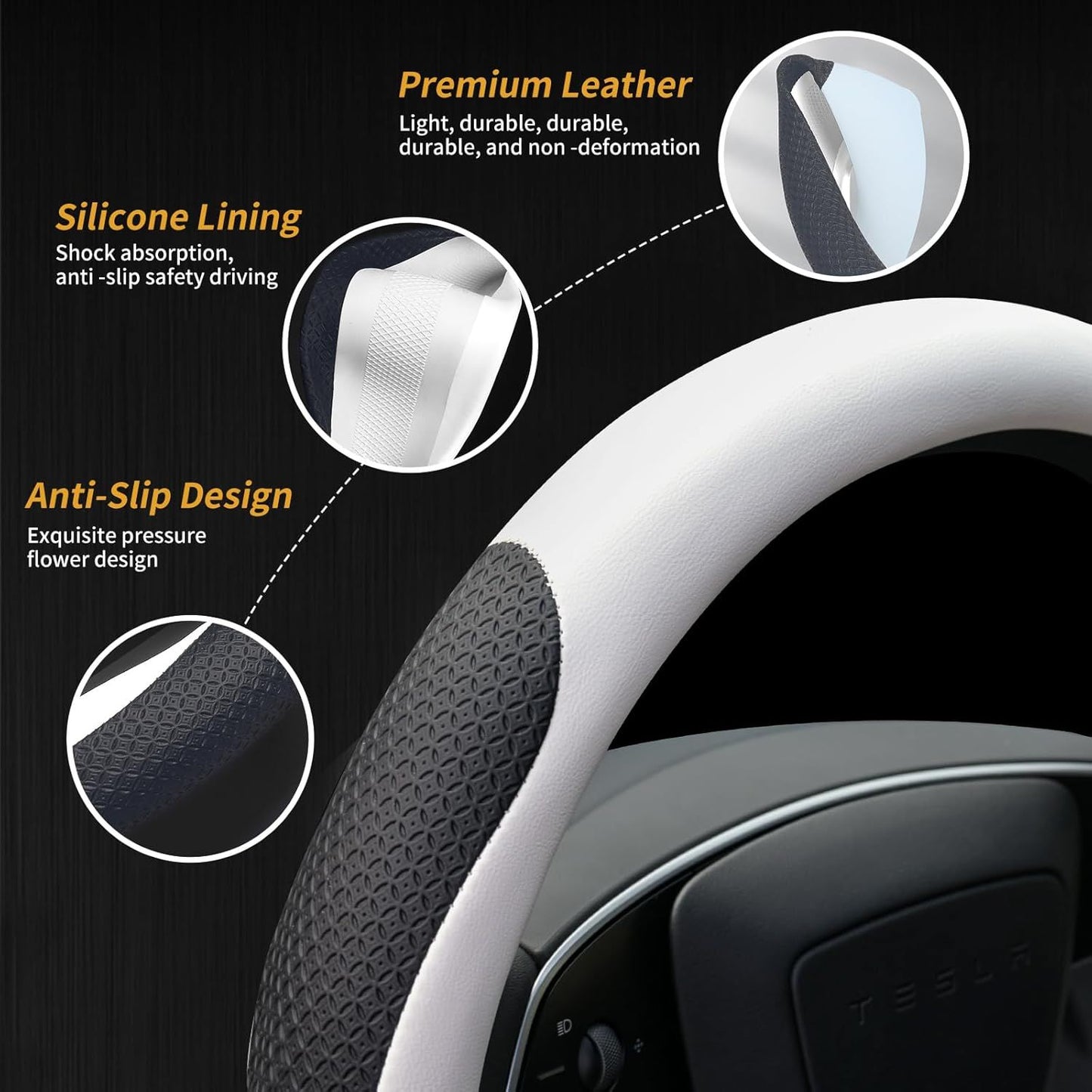 Premium Nappa-Style Steering Wheel Cover for Tesla Model 3 (2016–2025) and Model Y (2020–2026), Two-Tone White & Black, Silicone-Lined, Anti-Slip Grip Zones, Easy Install (White)