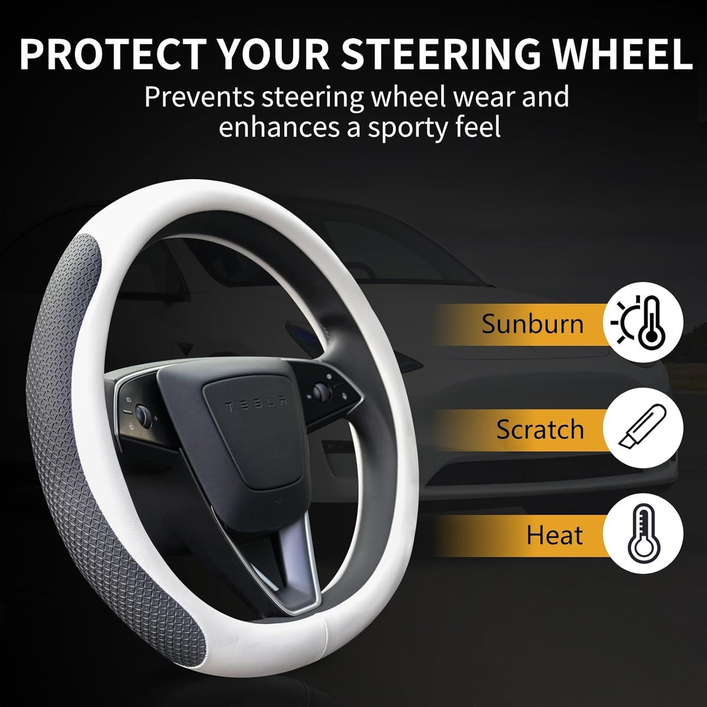 Premium Nappa-Style Steering Wheel Cover for Tesla Model 3 (2016–2025) and Model Y (2020–2026), Two-Tone White & Black, Silicone-Lined, Anti-Slip Grip Zones, Easy Install (White)
