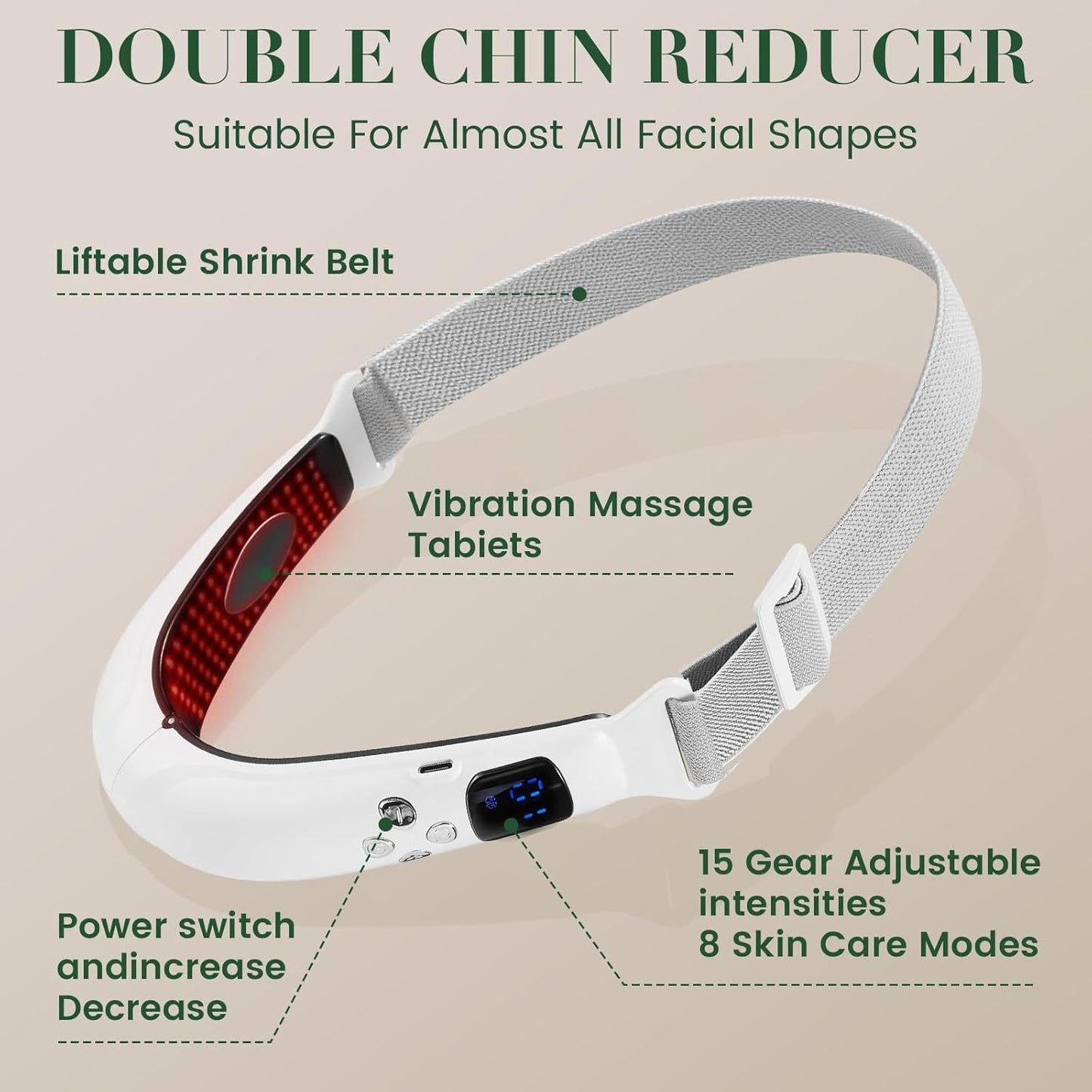 V-Face Contouring Band with Adjustable Strap, LCD Display, 8 Skin Comfort Modes, 15 Intensity Levels, Soft Silicone Contact Surface, Breathable Design, Rechargeable for Daily Facial Routine (White)