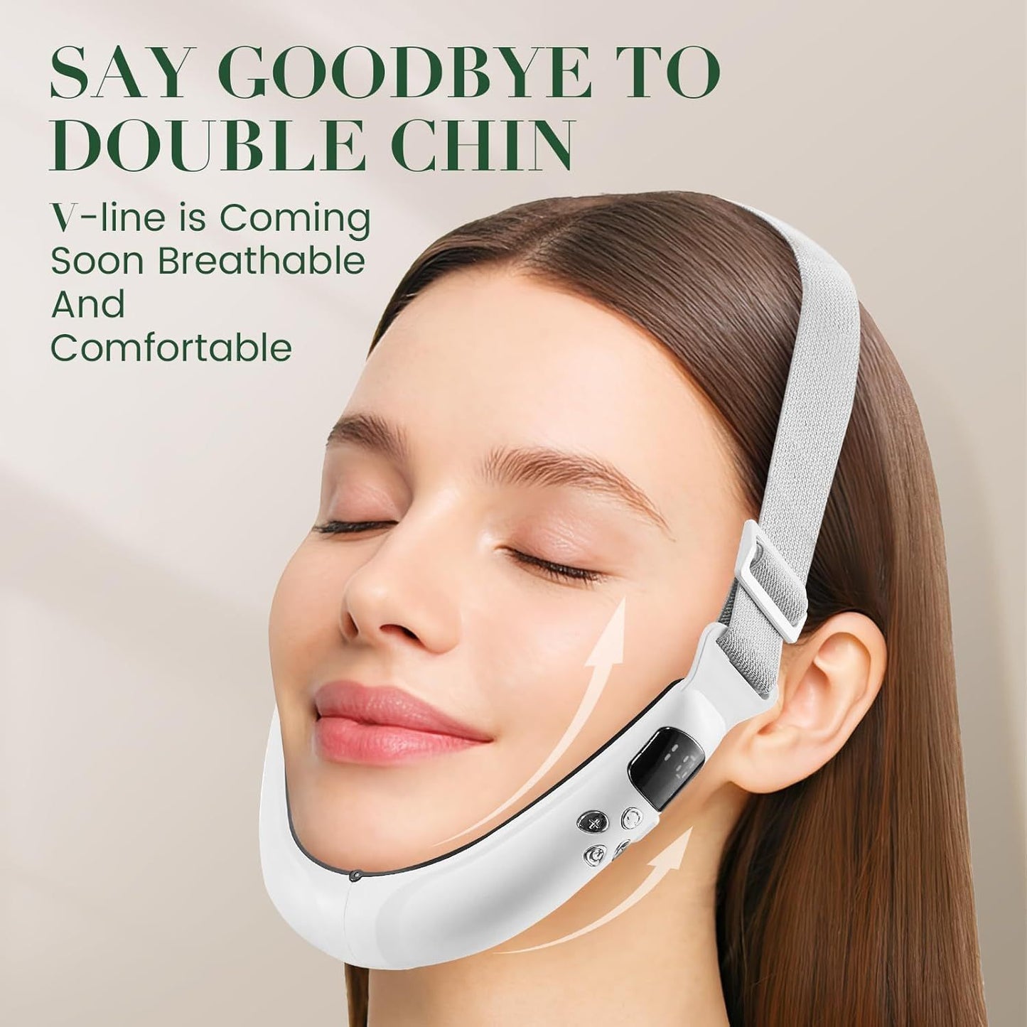 V-Face Contouring Band with Adjustable Strap, LCD Display, 8 Skin Comfort Modes, 15 Intensity Levels, Soft Silicone Contact Surface, Breathable Design, Rechargeable for Daily Facial Routine (White)