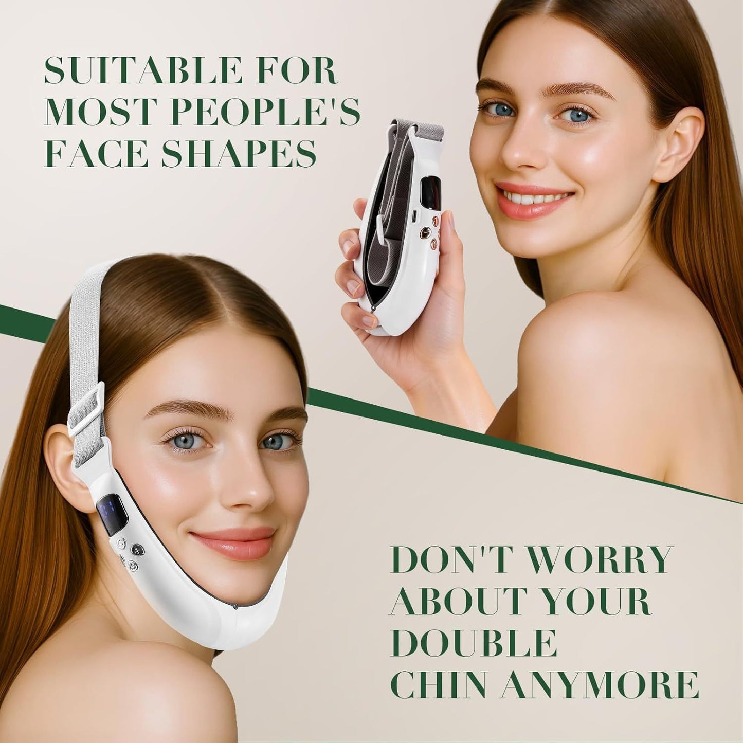 V-Face Contouring Band with Adjustable Strap, LCD Display, 8 Skin Comfort Modes, 15 Intensity Levels, Soft Silicone Contact Surface, Breathable Design, Rechargeable for Daily Facial Routine (White)