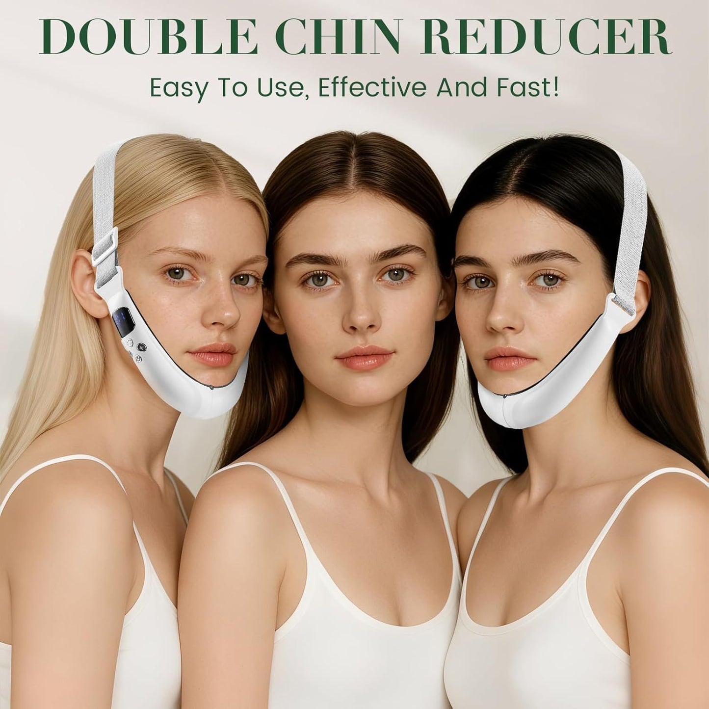 V-Face Contouring Band with Adjustable Strap, LCD Display, 8 Skin Comfort Modes, 15 Intensity Levels, Soft Silicone Contact Surface, Breathable Design, Rechargeable for Daily Facial Routine (White)