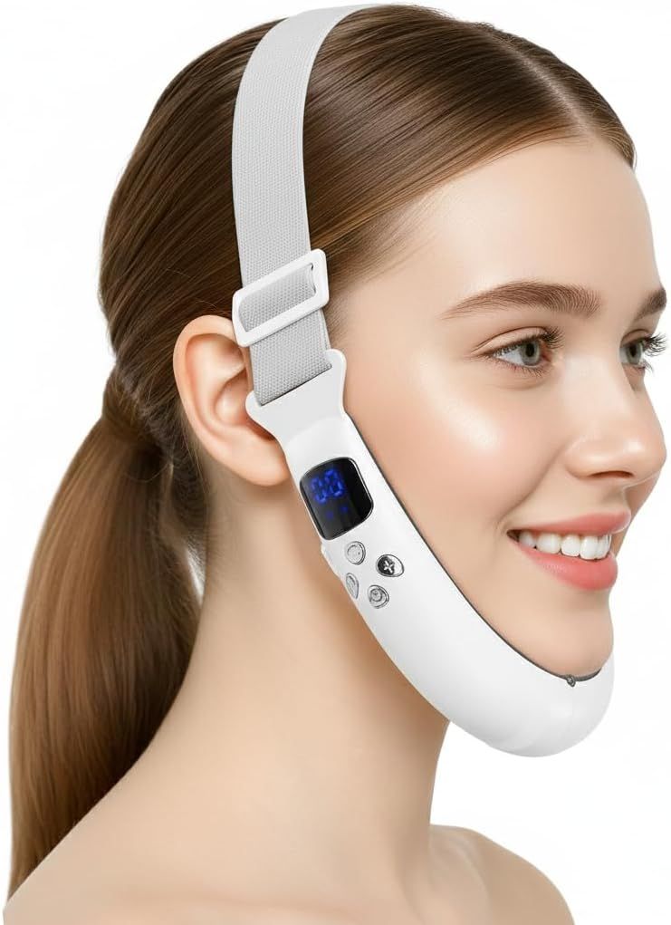 V-Face Contouring Band with Adjustable Strap, LCD Display, 8 Skin Comfort Modes, 15 Intensity Levels, Soft Silicone Contact Surface, Breathable Design, Rechargeable for Daily Facial Routine (White)