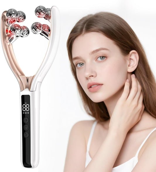 V-Shaped Facial Massage Roller with 8 Stainless Steel Balls, Dual-Tone Design, LCD Screen, 5-Speed Adjustment, Type-C Charging, Smooth Gliding for Face, Neck & Body, Compact Beauty Tool (White)