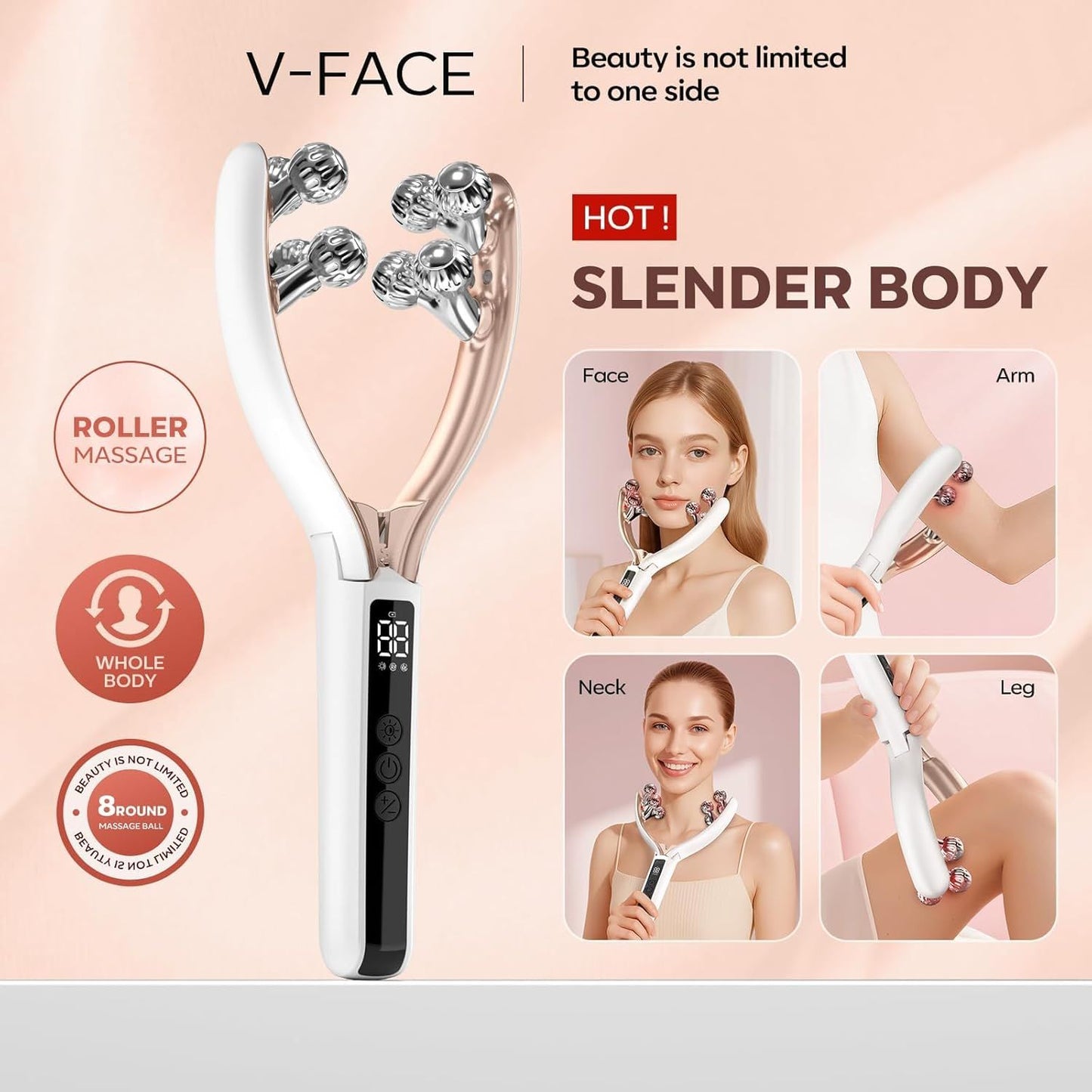 V-Shaped Facial Massage Roller with 8 Stainless Steel Balls, Dual-Tone Design, LCD Screen, 5-Speed Adjustment, Type-C Charging, Smooth Gliding for Face, Neck & Body, Compact Beauty Tool (White)