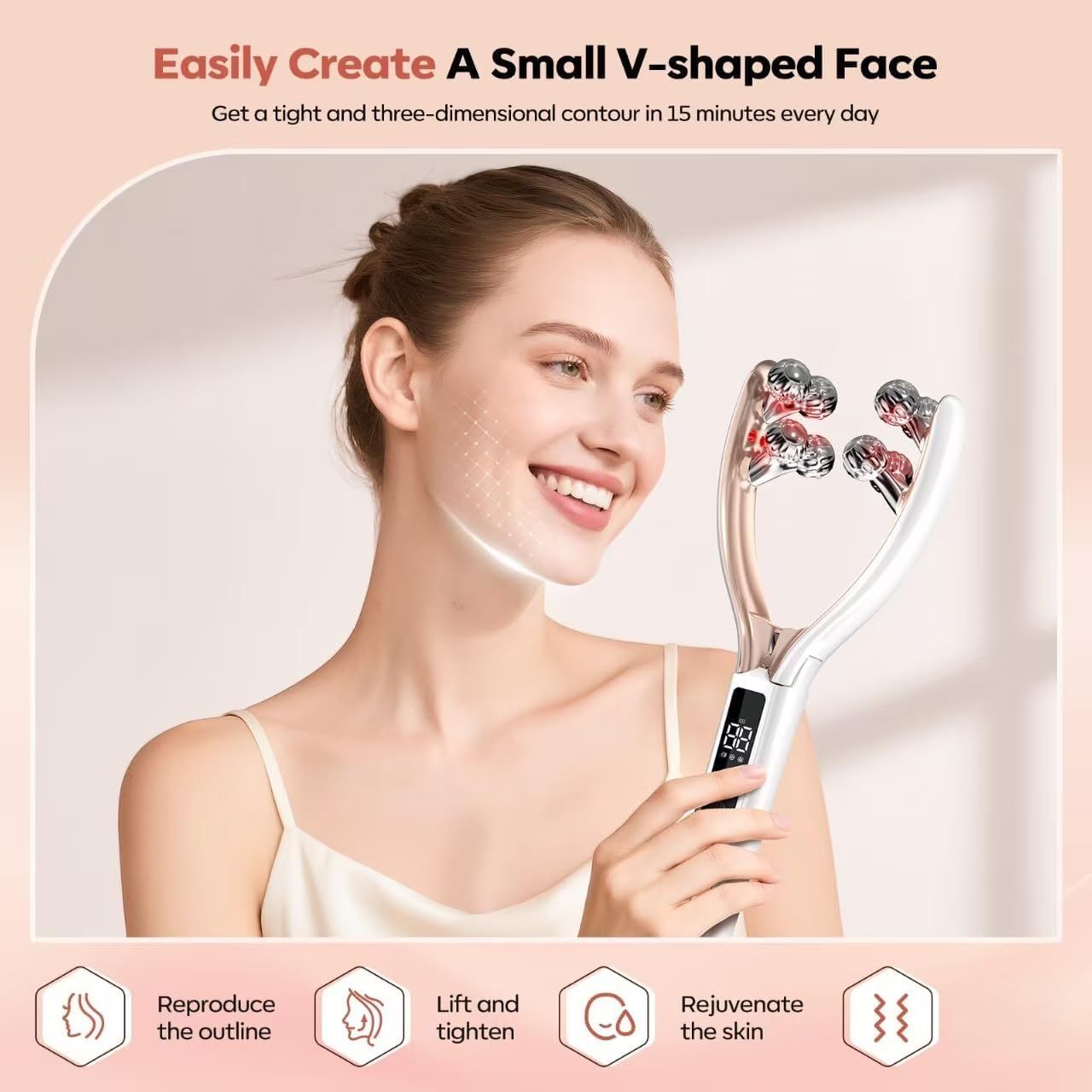 V-Shaped Facial Massage Roller with 8 Stainless Steel Balls, Dual-Tone Design, LCD Screen, 5-Speed Adjustment, Type-C Charging, Smooth Gliding for Face, Neck & Body, Compact Beauty Tool (White)