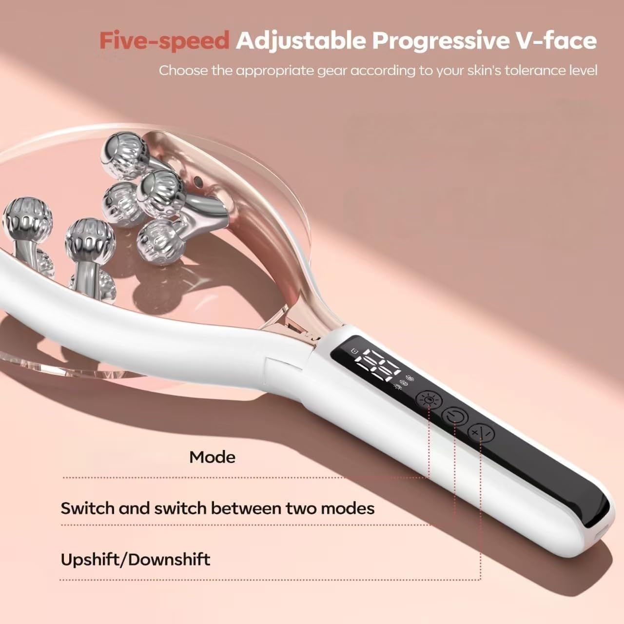 V-Shaped Facial Massage Roller with 8 Stainless Steel Balls, Dual-Tone Design, LCD Screen, 5-Speed Adjustment, Type-C Charging, Smooth Gliding for Face, Neck & Body, Compact Beauty Tool (White)