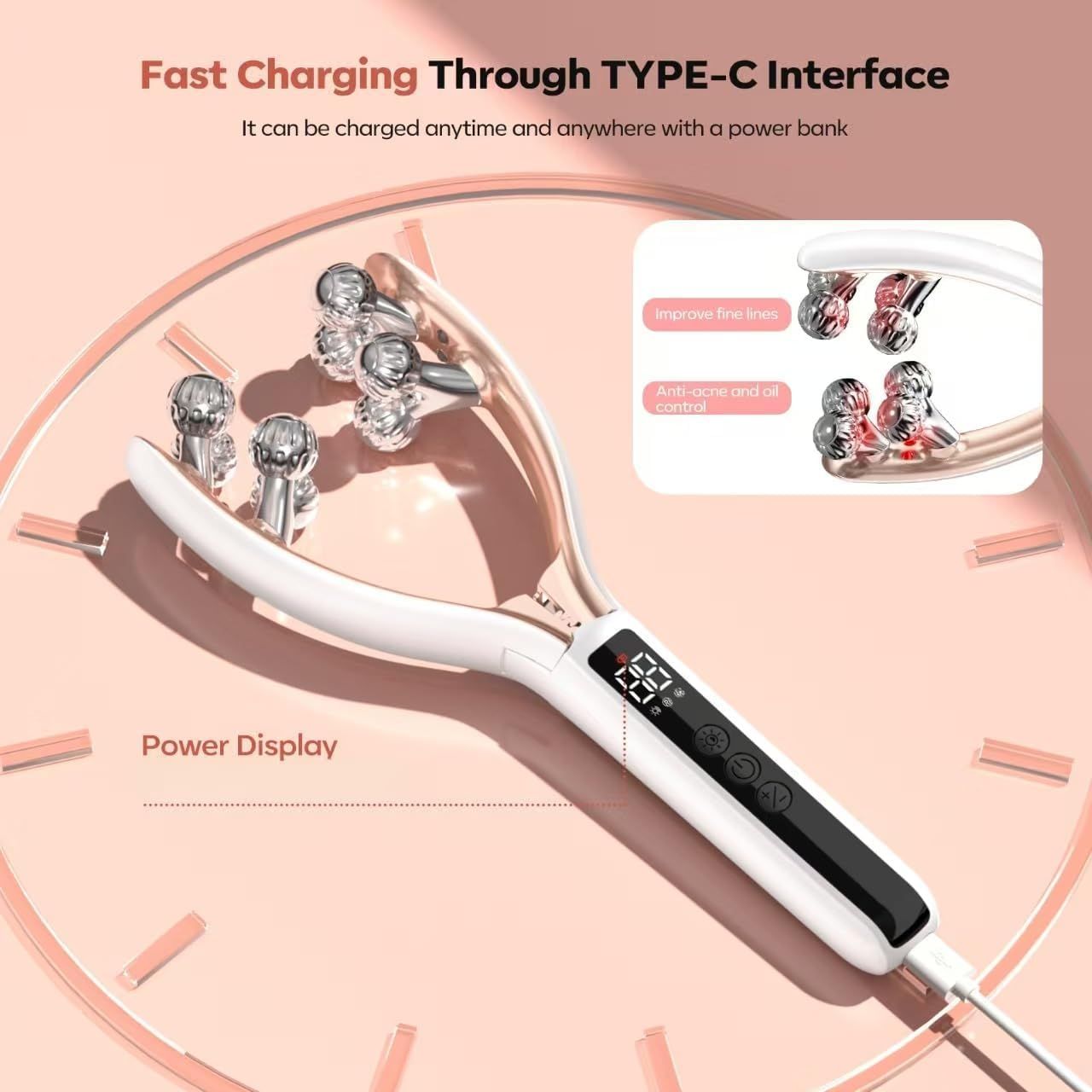 V-Shaped Facial Massage Roller with 8 Stainless Steel Balls, Dual-Tone Design, LCD Screen, 5-Speed Adjustment, Type-C Charging, Smooth Gliding for Face, Neck & Body, Compact Beauty Tool (White)